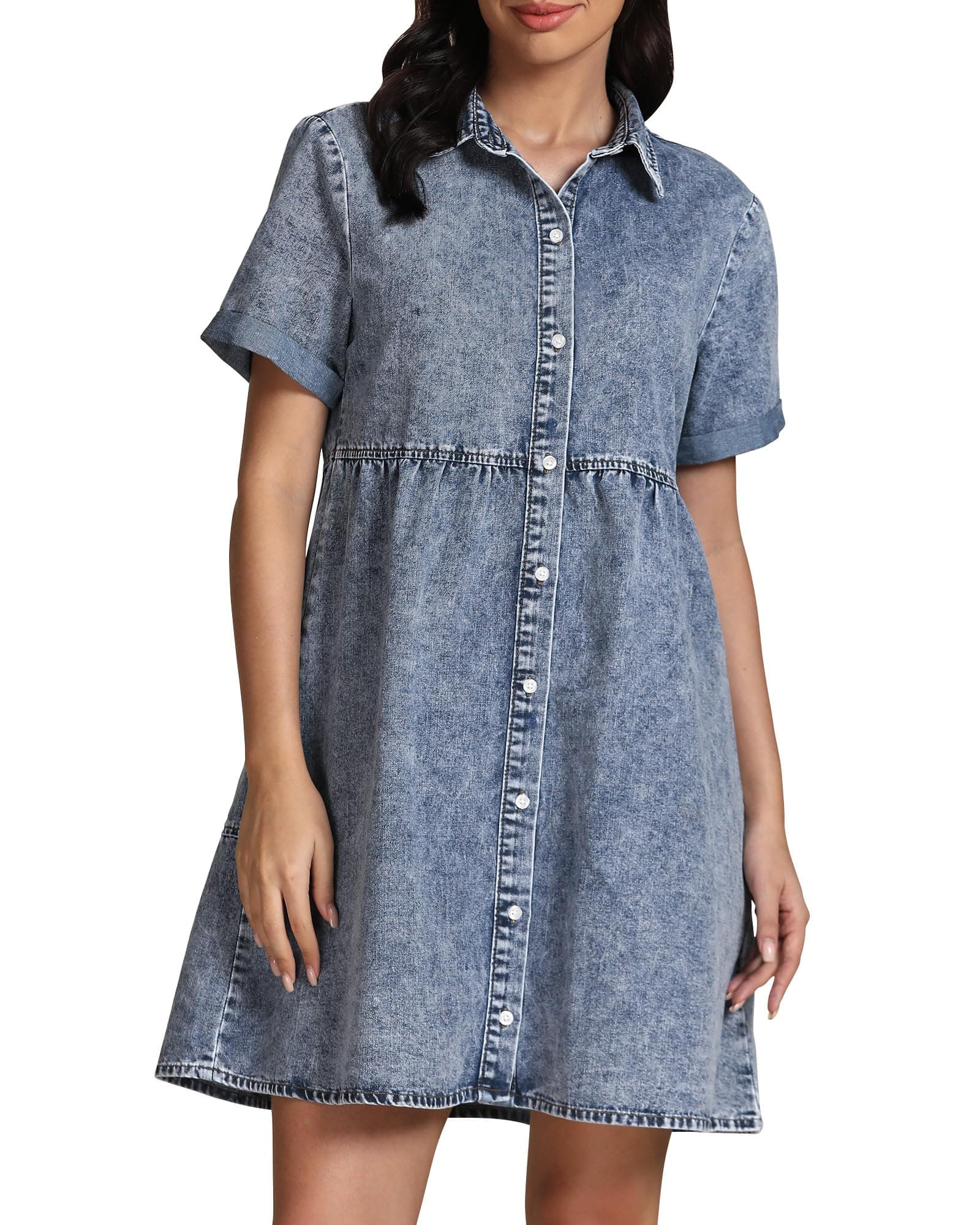GRAPENT Denim Dress for Women Babydoll Tiered Short Sleeve Button Down Jean Shirt Dresses Medium Bay Blue
