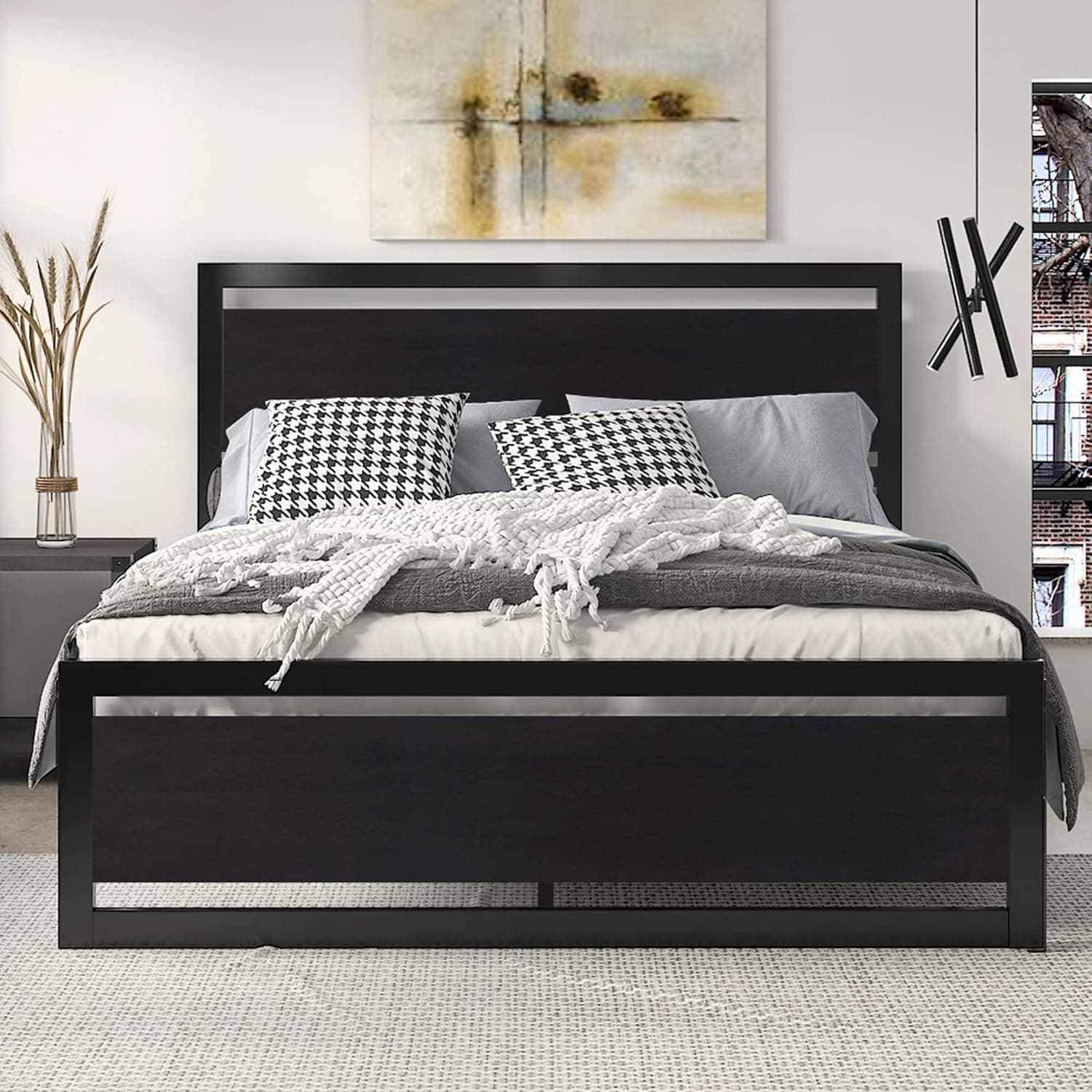 SHA CERLIN Queen Size Bed Frame with Modern Headboard, Heavy Duty Platform Metal Base with Square Footboard and 13 Strong Slats Support, No Box Spring Needed, Black Queen Black - Image 2