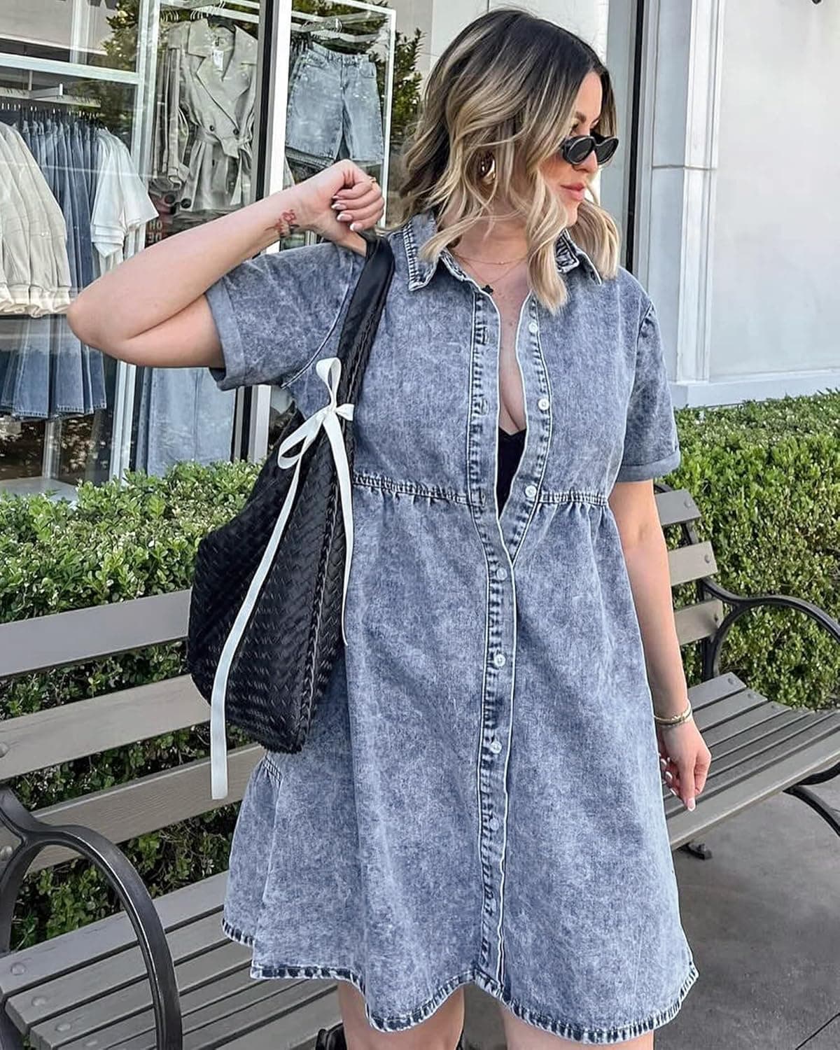 GRAPENT Flowy Summer Dresses para sa Kababaihan 2025 Blue Denim Shirt Dress Short Sleeve Dresses para sa Kababaihan Kulay Bay Blue Baggy Oversized Jean Dress para sa Spring & Summer Medium Size 8 Size 10 - Image 6