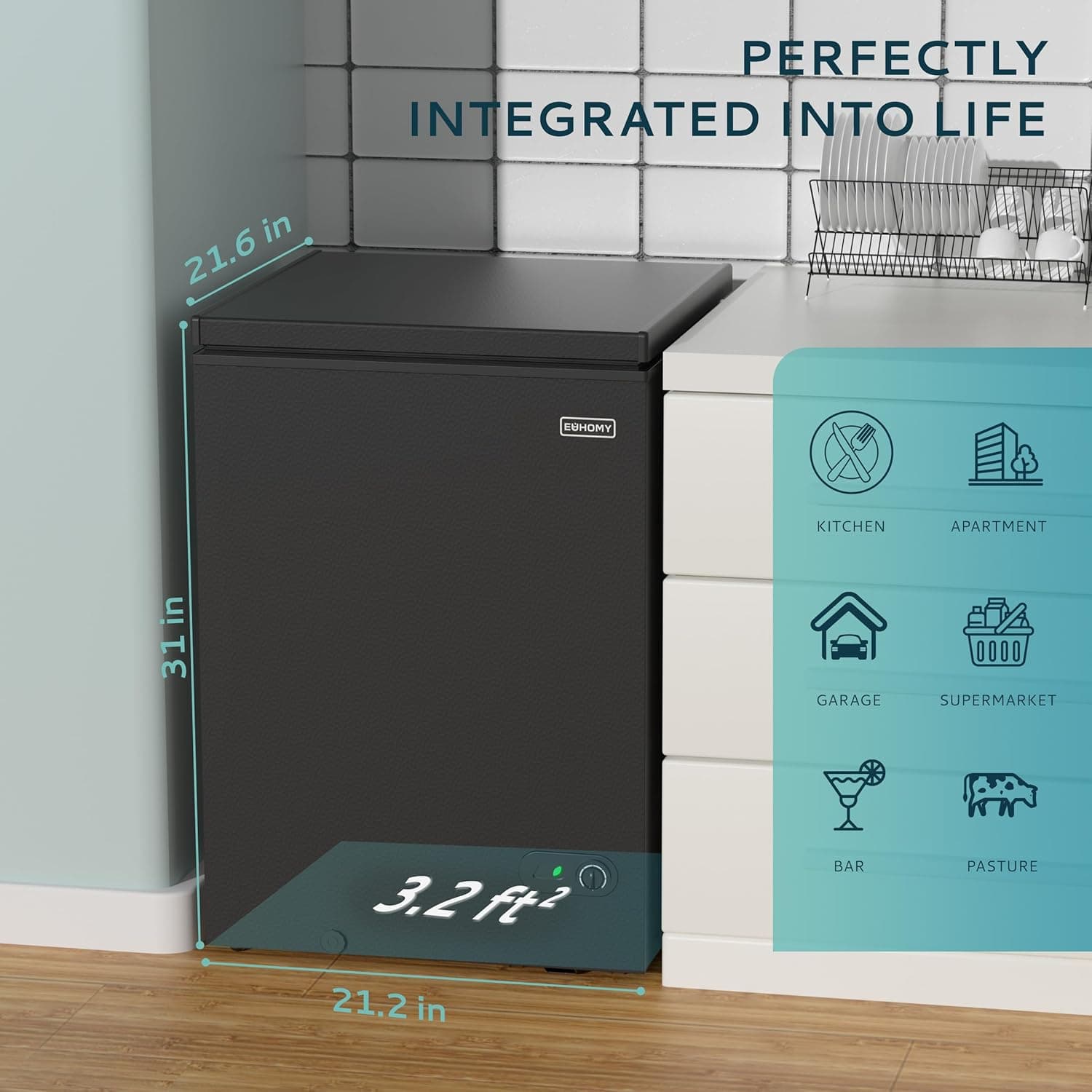 EUHOMY 3.5 Cu.Ft Chest Freezer with Removable Basket, Small Deep Freezer Adjustable 7 Thermostat, Quiet Mini Freezer Free-Standing Top Door, Energy Saving for Apartment/Garage/Basement/Dorm/Home,Black - Image 7