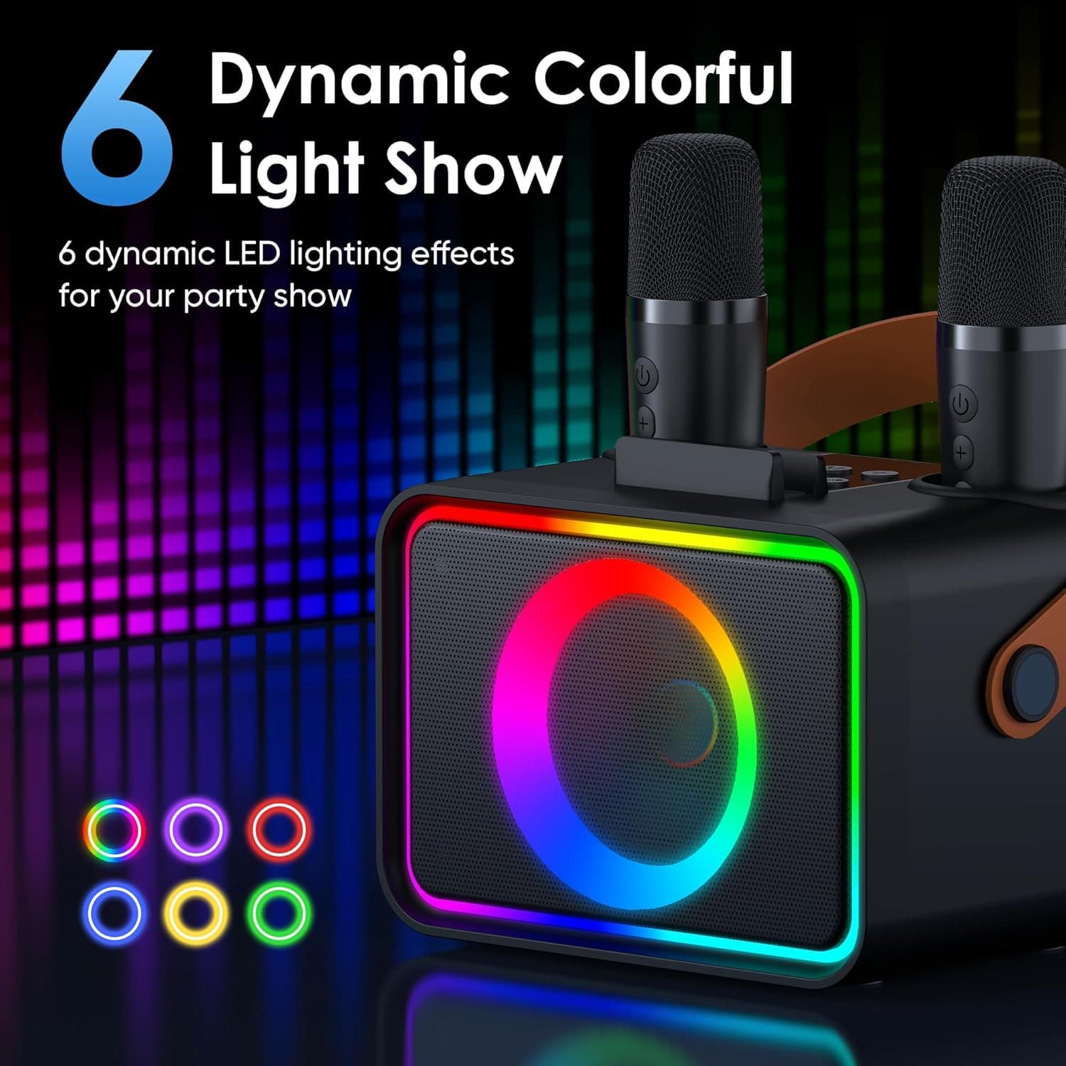 Karaoke Machine,Portable Bluetooth Speaker with 2 Wireless Microphone for Adults & Kids with LED Lights, Karaoke Microphone with PA System Supports USB/TF/AUX,Gift for Party (Black) - Image 5