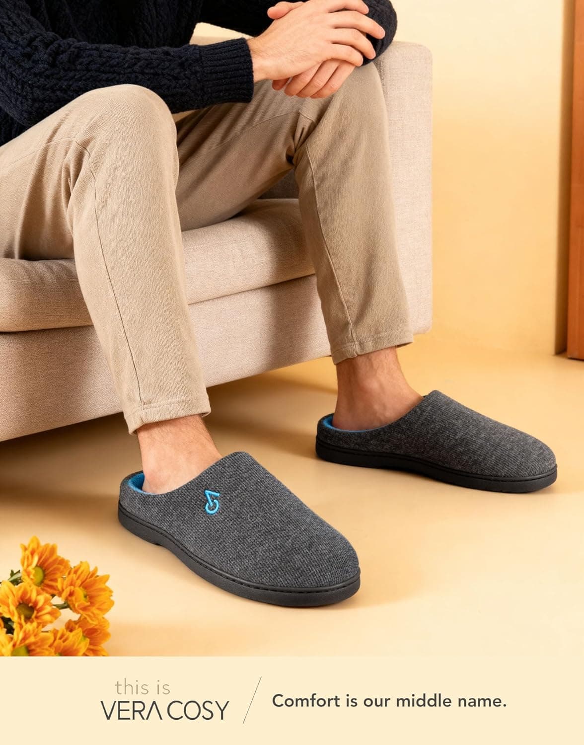 VeraCosy Men's Two-Tone Memory Foam House Slippers Indoor Outdoor Durable Rubber Sole 11-12 Dark Gray/Blue - Image 3