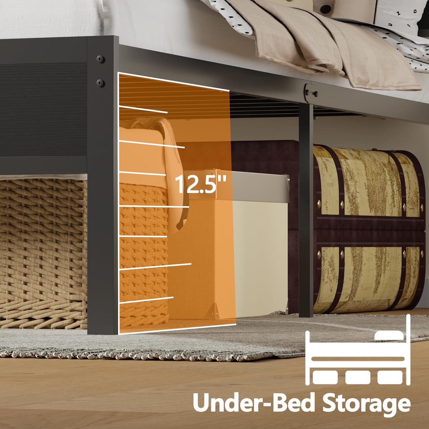 Furnulem Twin Bed Frames with Charging Station and LED Lights, Twin Size Platform Bed with Metal Slats, Wood Headboard with 2-Tier Storage Shelves, No Box Spring Needed, Black Oak Black Oak Twin - Image 3