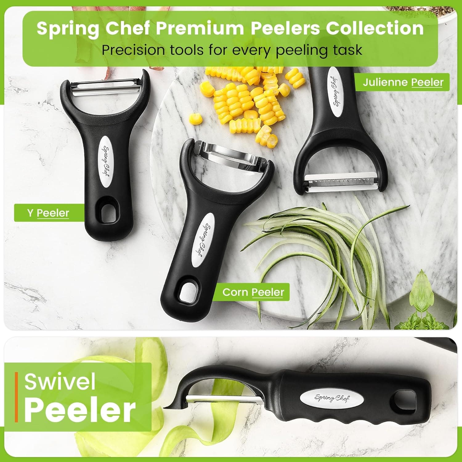 Spring Chef Premium Swivel Vegetable Peeler, Soft Grip Handle and Ultra Sharp Stainless Steel Blades - Perfect Kitchen Peeler For Veggie, Fruit, Potato, Carrot, Apple - Black 1 Black - Image 9