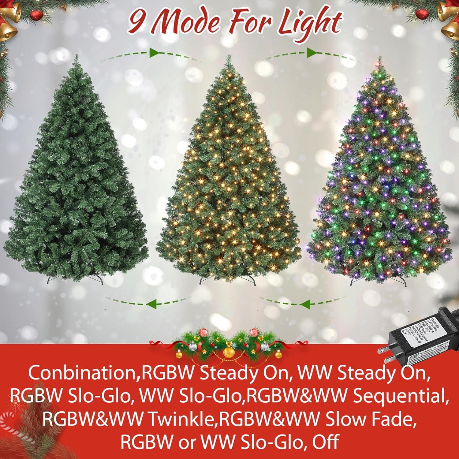 7.5ft Prelit Christmas Tree - Fluffy Fraser Fir with 600 Multicolor Lights & 9 Modes, Hinged Branches & 1300 Tips, Artificial Christmas Tree Includes Stand with Foot Switch for Holiday Home Decor Forest Green With Multicolor Light 7ft 6in - Image 3
