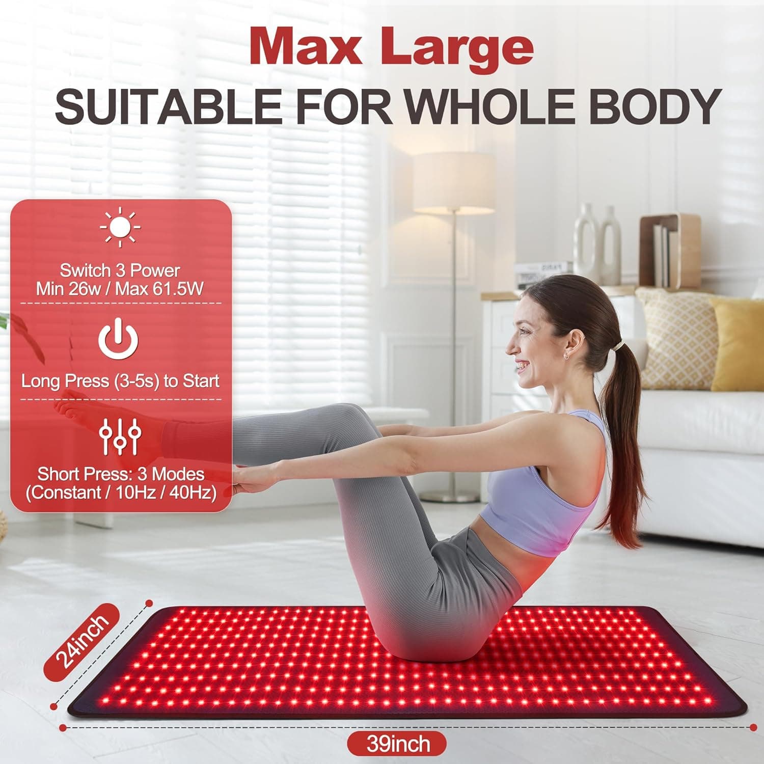 Red Light Therapy Mat for Body, 39’’ x 24’’Large Near Infrared Light Therapy with Timer, 660nm 850nm Home Red Light Therapy Blanket for Back Belly Shoulder Muscle Joint (with Storage Bag) Red Max - Image 3