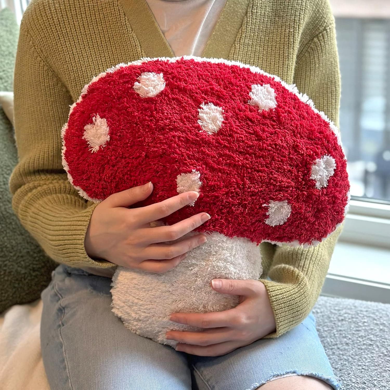 Mushroom Throw Pillow Tufted Shape Decorative Cushion 15” x 15” – Decor for Bed, Couch, Living Room (Red) - Image 6