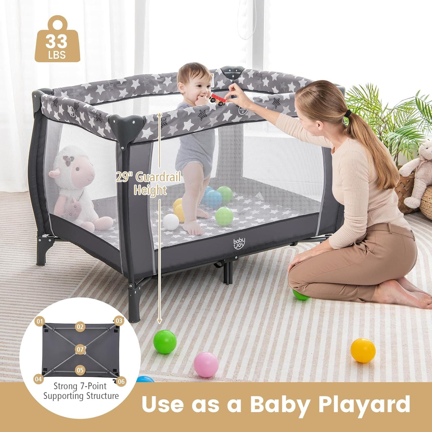 Costzon 3 in 1 Pack and Play with Bassinet, Portable Baby Playard with Changing Table, Music Box, Whirling Toys, Wheels/Brake, Basket, Bag, Foldable Infant Bassinet for Baby Toddlers Indoor Outdoor Gray Little Stars - Image 10