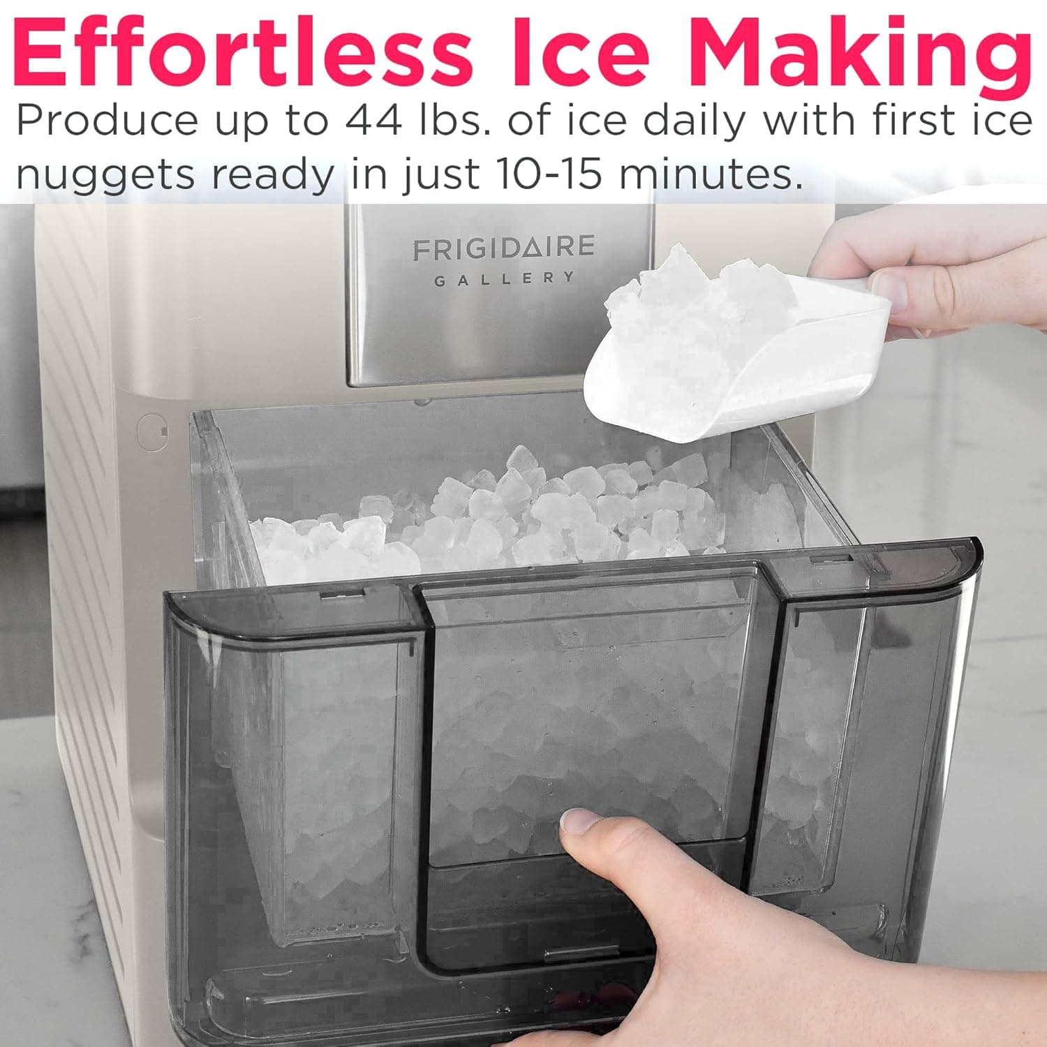 Frigidaire Nugget Ice Maker, Countertop Ice Machine with Transparent Window, Sonic Ice Maker with 44 lbs. Capacity, Auto Self Cleaning Ice Maker Machine, 2.0 Gen, Cream - 16.75D x 11.75W x 20.25H Cream - Nugget Ice - Image 7