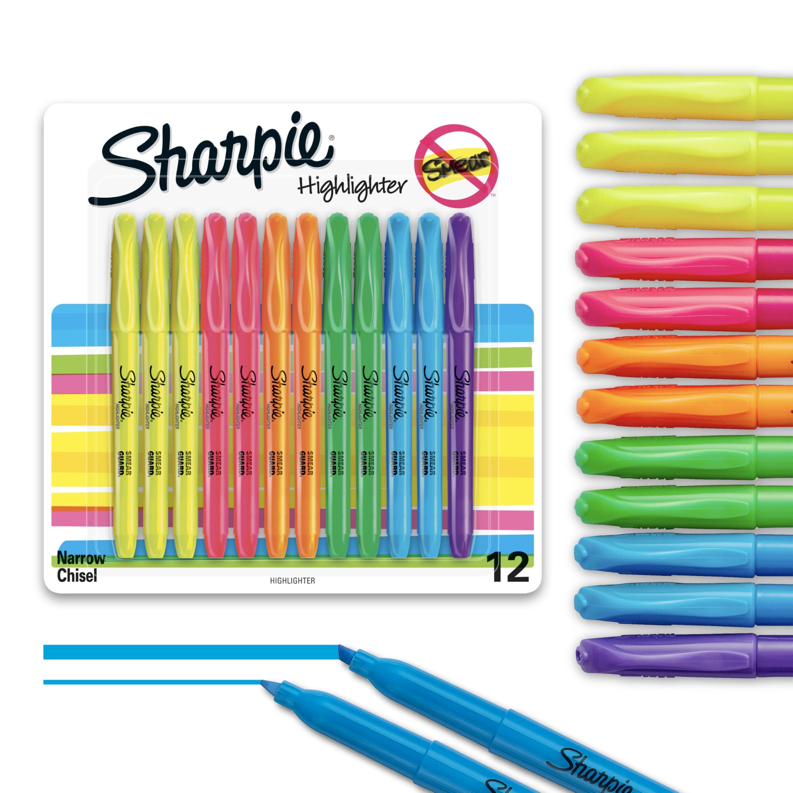 Sharpie Pocket Highlighters, Chisel Tip, Quick Dry, Assorted Fluorescent Colors, 12 Count - For Studying, Note-Taking, School, College, Office, Student & Teacher Supplies Bright