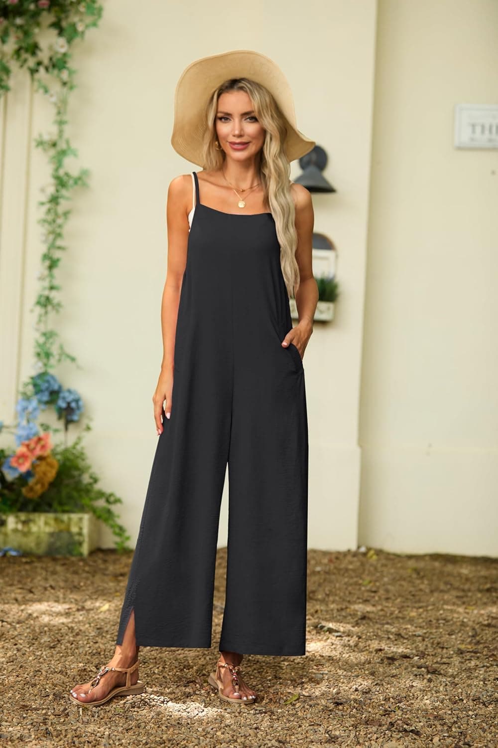 Lepunuo Womens Casual Loose Jumpsuits Summer Boho Wide Leg Rompers Sleeveless Overalls with Pockets A - Black Large - Image 5