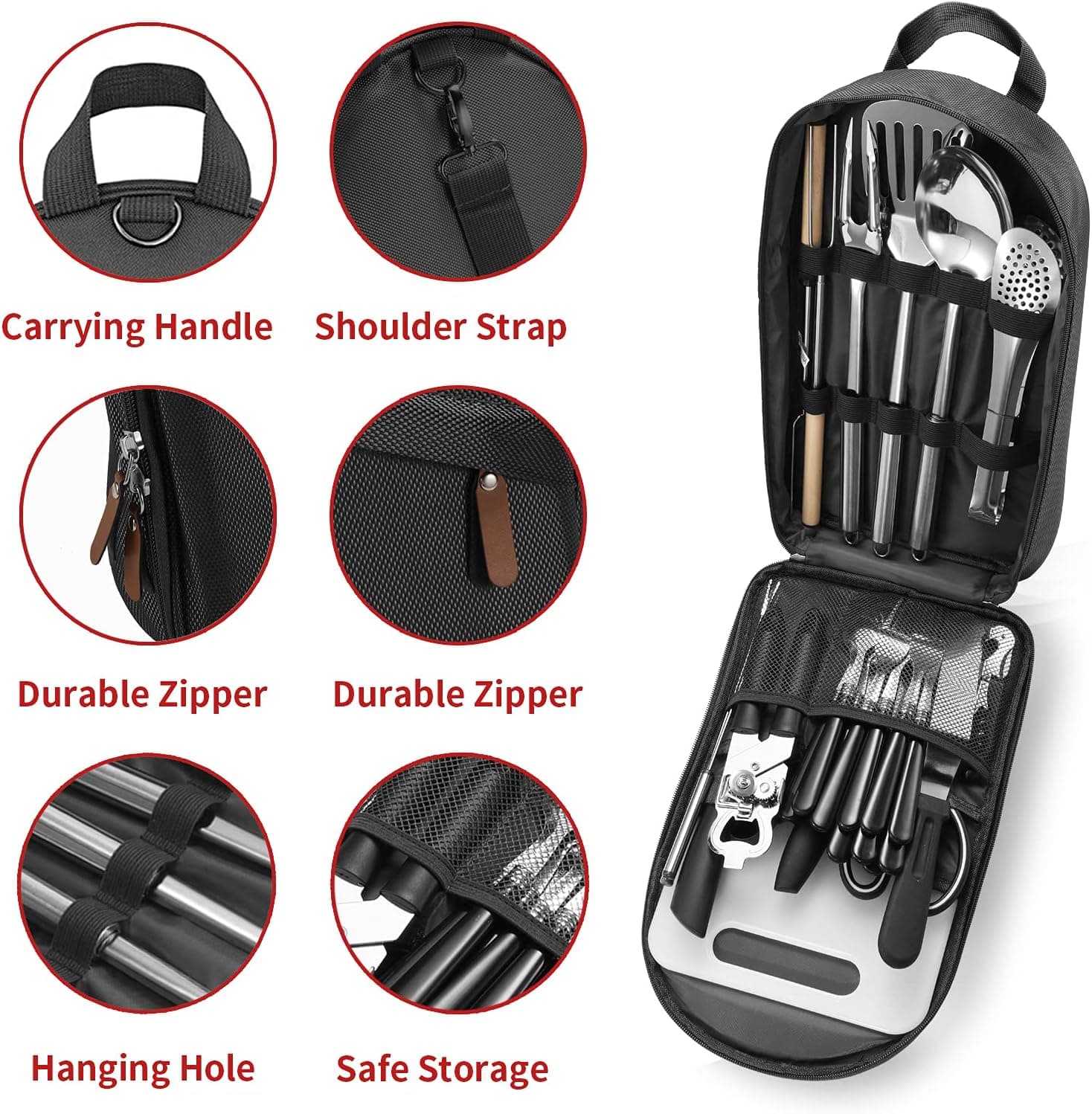Portable Camping Kitchen Utensil Set-27 Piece Cookware Kit, Stainless Steel Outdoor Cooking and Grilling Utensil Organizer Travel Set Perfect for Travel, Picnics, RVs, Camping, BBQs, Parties and More black - Image 3