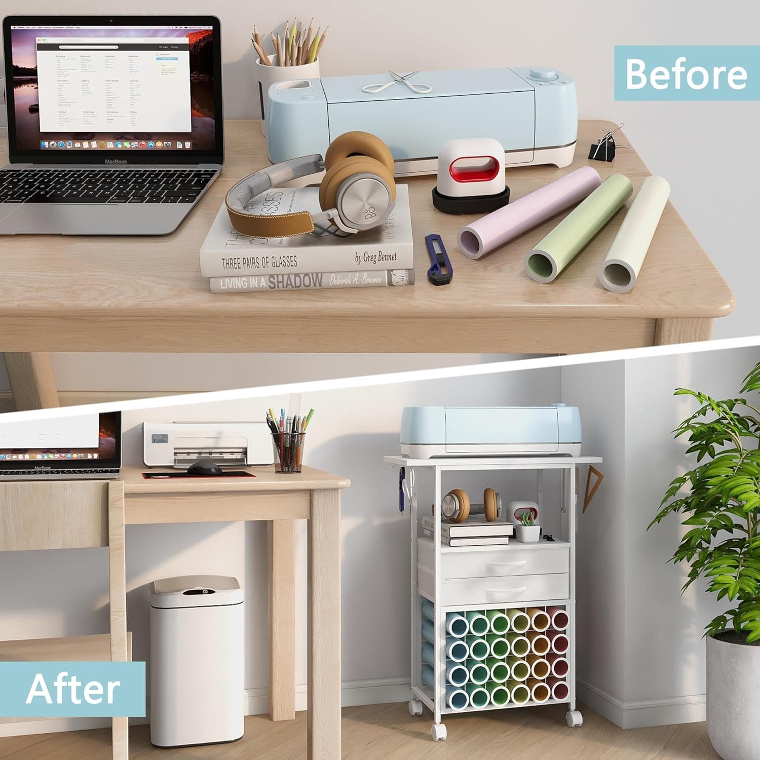 Organizer and Storage Stand Compatible with Cricut Machines,Rolling Storage Cart/Shelf with 24 Vinyl Roll Holders，2 Fabric Drawer,Accessories Holder,Tool Hook for Craft Room Home (white) - Image 8