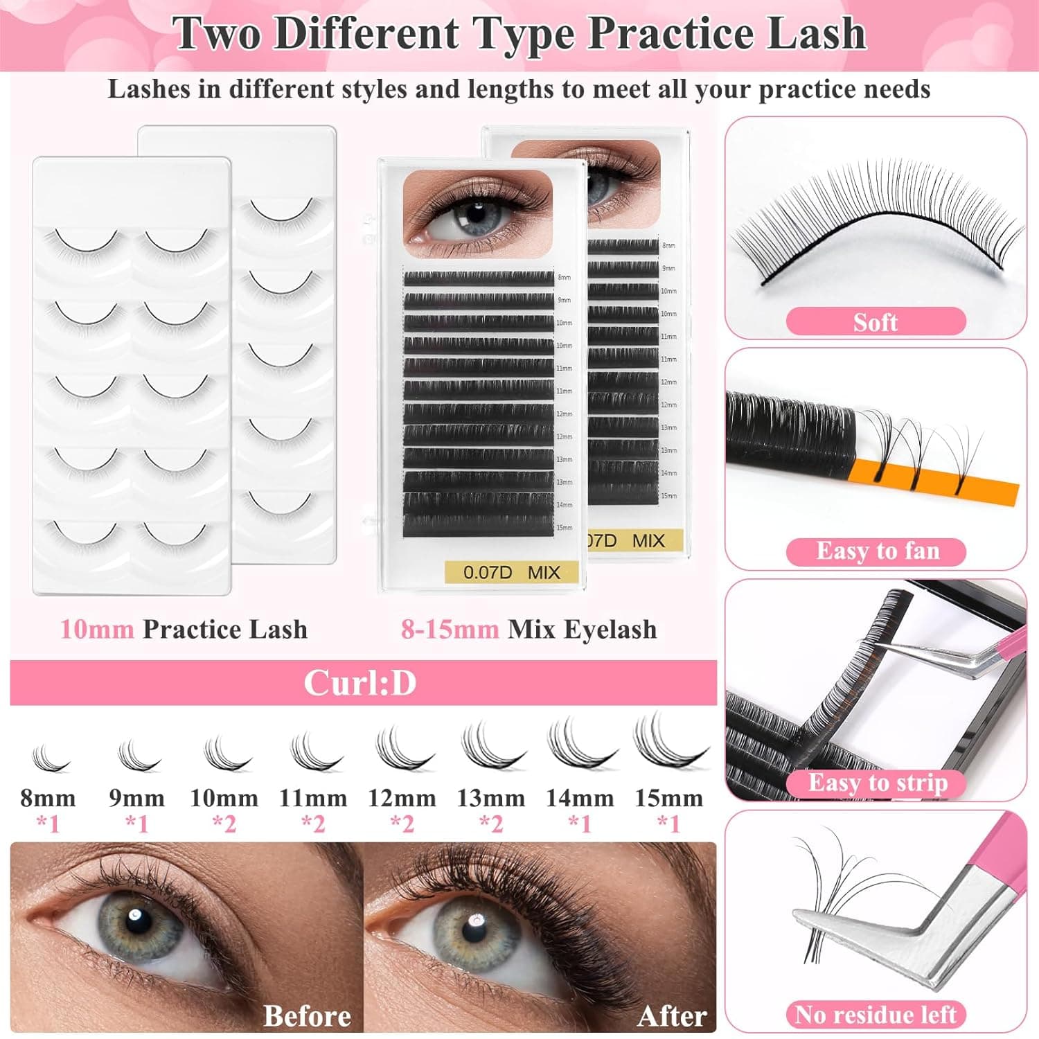Lashes Kit for Eyelash Extension Beginner Lash Tech Starter Kit with Eye Lash Mannequin Head, Professional Eyelash Extension Kit with Lash Fan, Extension Glue and Eyelash Remover for Practice Training Pink - Image 5