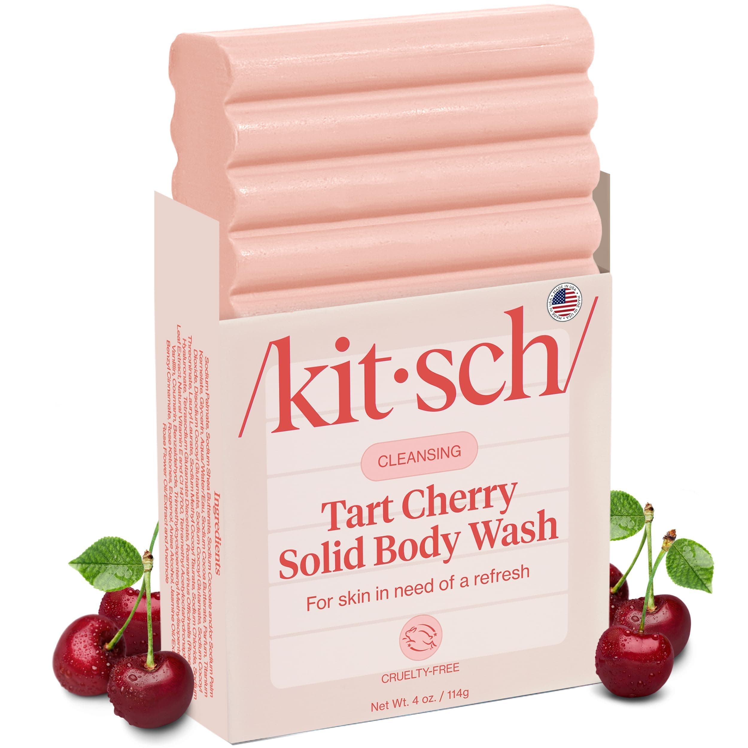 Kitsch Cleansing Tart Cherry Soap Bar with Refreshing Scent - Eco-Friendly Body Wash Women Love - Cherry Solid Bar Soap for Daily Use - Silicone, Sulfate and Paraben Free, Made in USA - 4oz