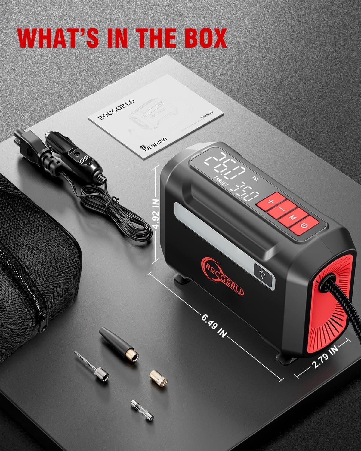 R8 Tire Inflator Portable Air Compressor, DC 12V Air Compressor Portable with Large Dual Digital Screen, 3X Faster Inflation Air Pump for Car, Bike, Ball, Motor Red - Image 7