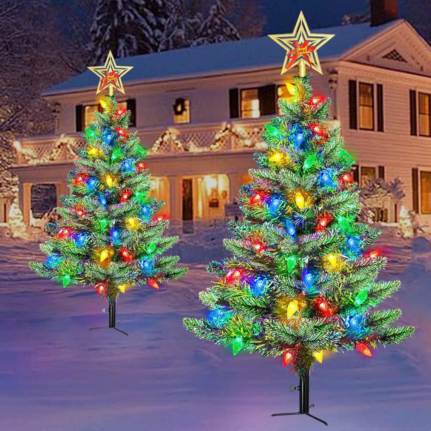 Upgraded Set of 2 Solar Christmas Tree, Outdoor Christmas Decorations,Prelit Xmas Tree w/ 100 LED Multi-color C6 String Lights for Outsdie Holiday Display Yard Front Porch Pathway Grave Cemetery Decor - Image 8
