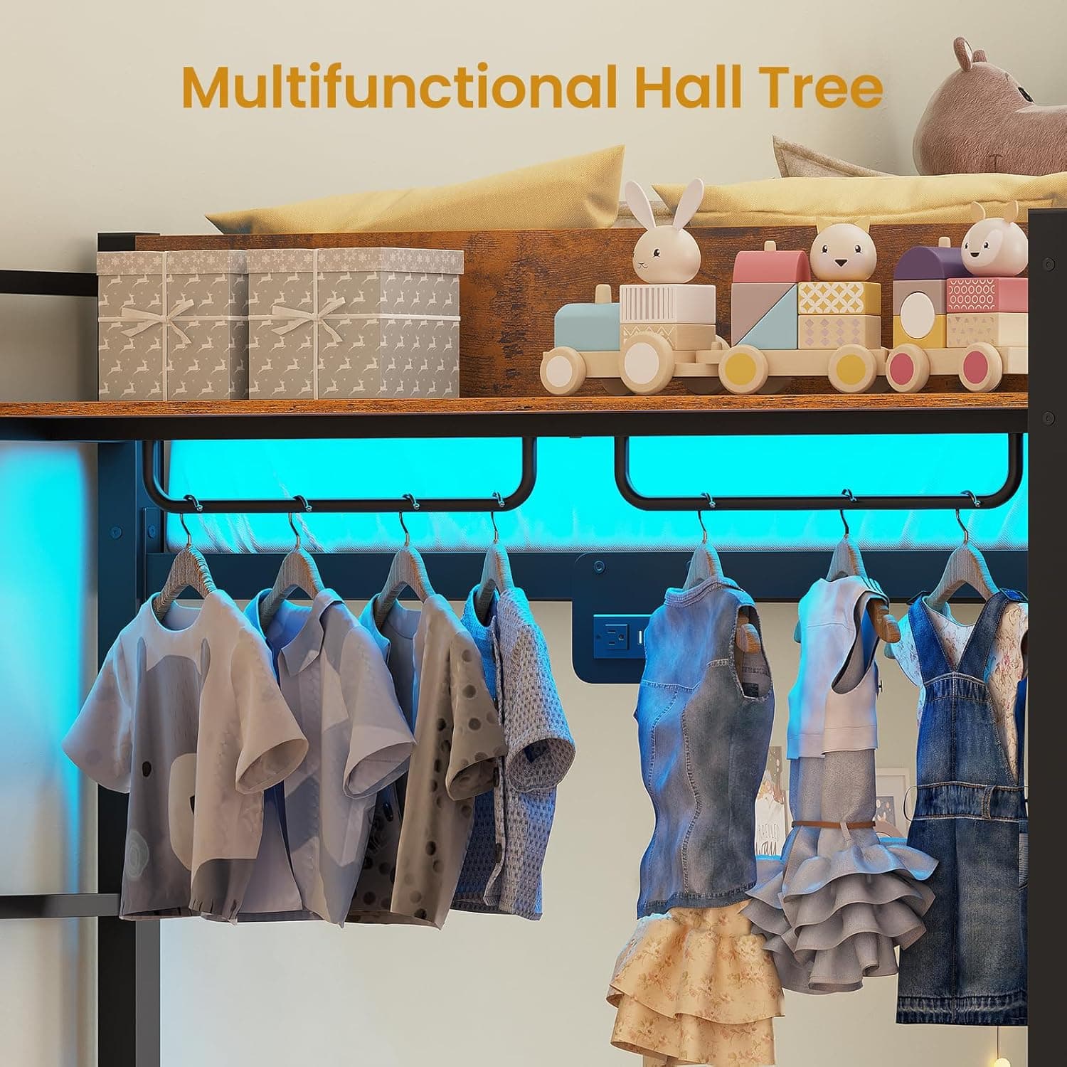 Itaar Metal Bunk Bed Twin Over Twin with Hall Tree, Power Outlet, LED Bunk Bed with 4 Storage Drawers, Bed with Safety Guardrail & Ladders, No Box Spring Needed, Easy Assembly, Rustic Brown - Image 10