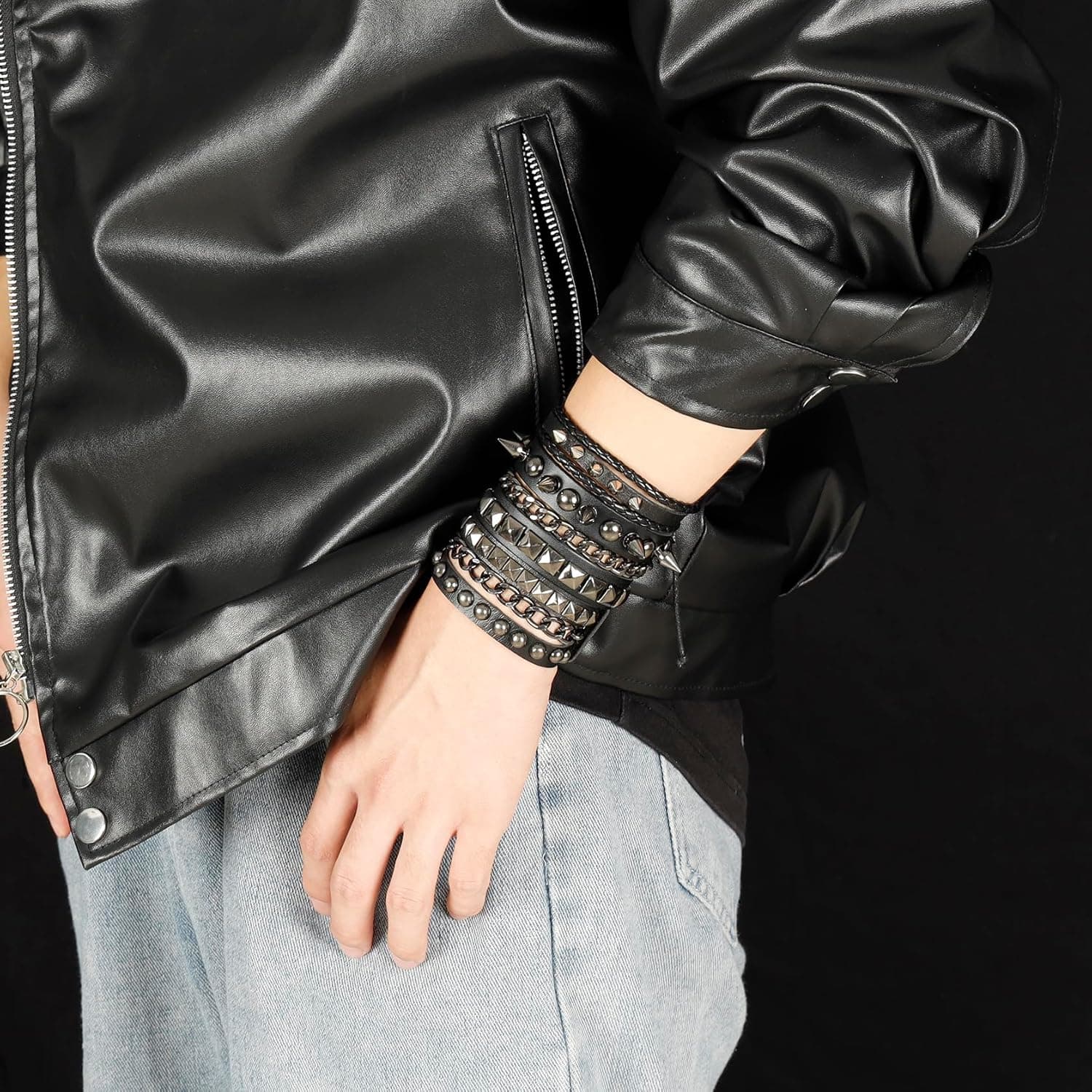 Eigso Leather Punk Rock Cuff Bracelets for Men Women Retro Vintage Chain 80s Wristband Set for Man Woman 3Pcs-C - Image 5