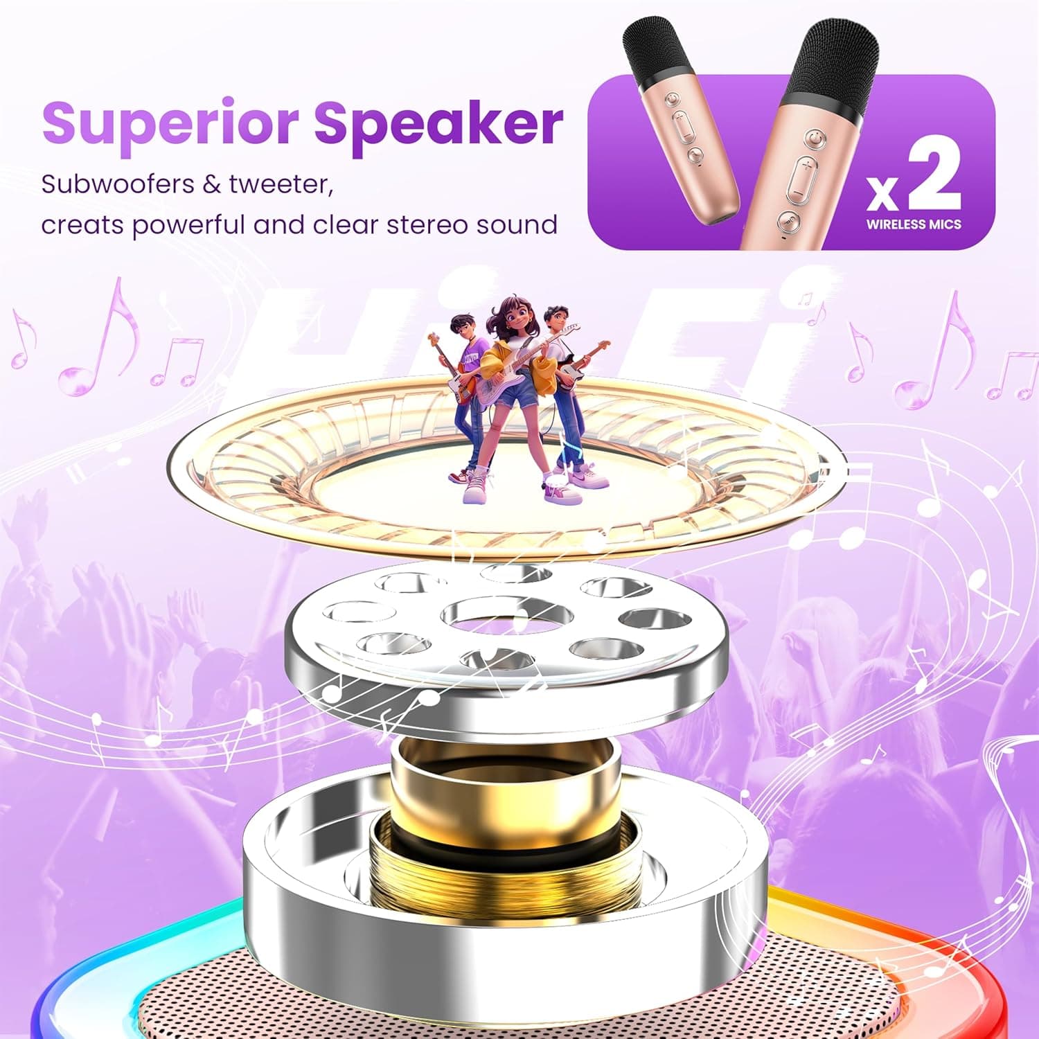 Mini Karaoke Machine for Kids Adults, 2025 TOP Christmas Birthday Gifts for Girls 3,4,5,6,7,8+Year Old Toddler Toys, Portable Bluetooth Speaker with 2 Wireless Karaoke Microphones Player(Rose) Rose Gold - Image 5