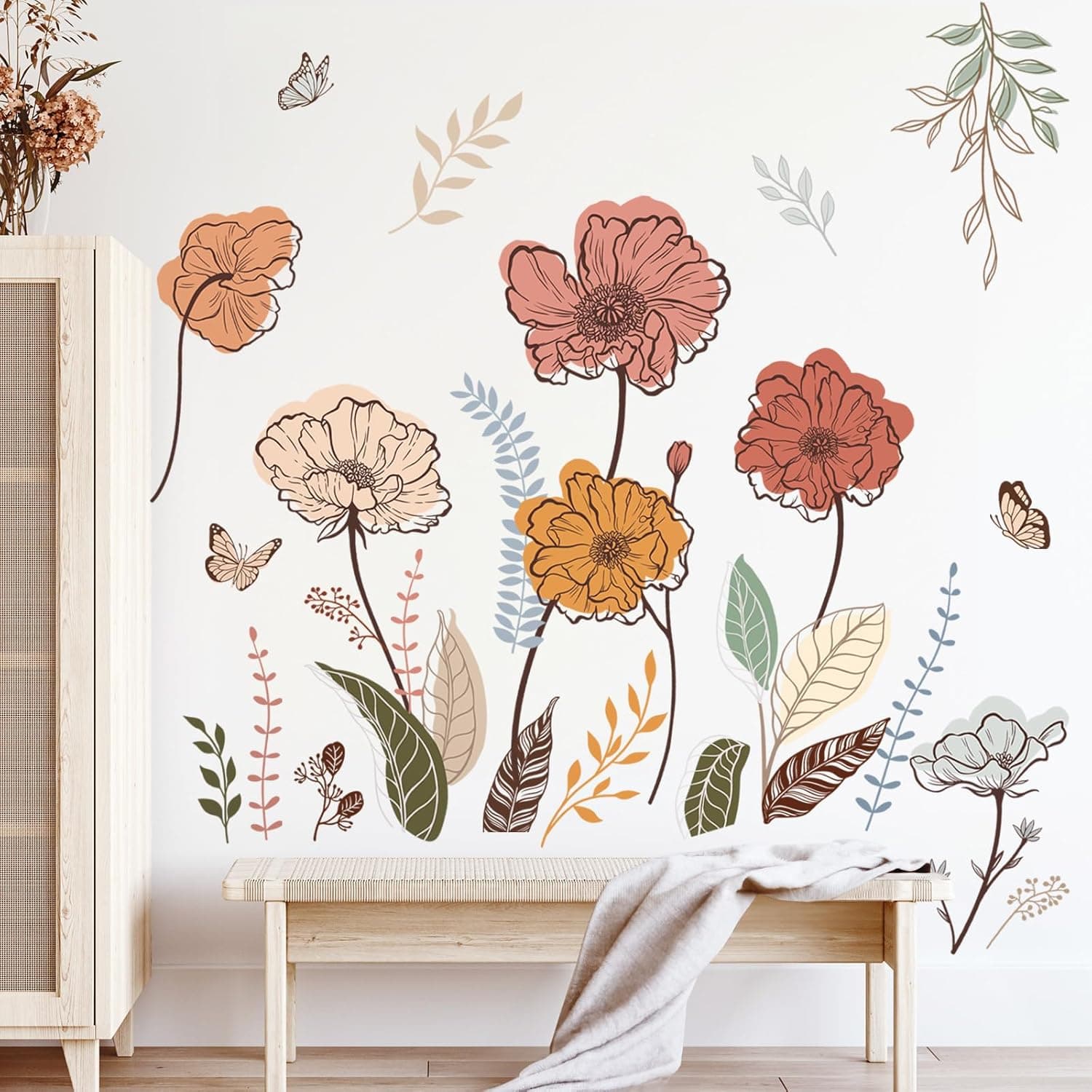 wondever Boho Flower Wall Stickers Wildflower Floral Grass Peel and Stick Wall Art Decals for Living Room Bedroom TV Wall - Image 4