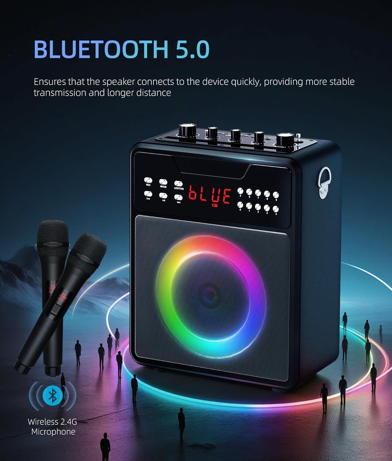 Máquina de Karaoke para Adultos, Altavoz Bluetooth Portátil con 2 Micrófonos Inalámbricos y Show de Luces, Altavoz de Karaoke con Graves y Agudos, Soporta TWS, USB, FM, REC, AUX in, Tarjeta TF para Fiesta/Reunión Negro - Image 2