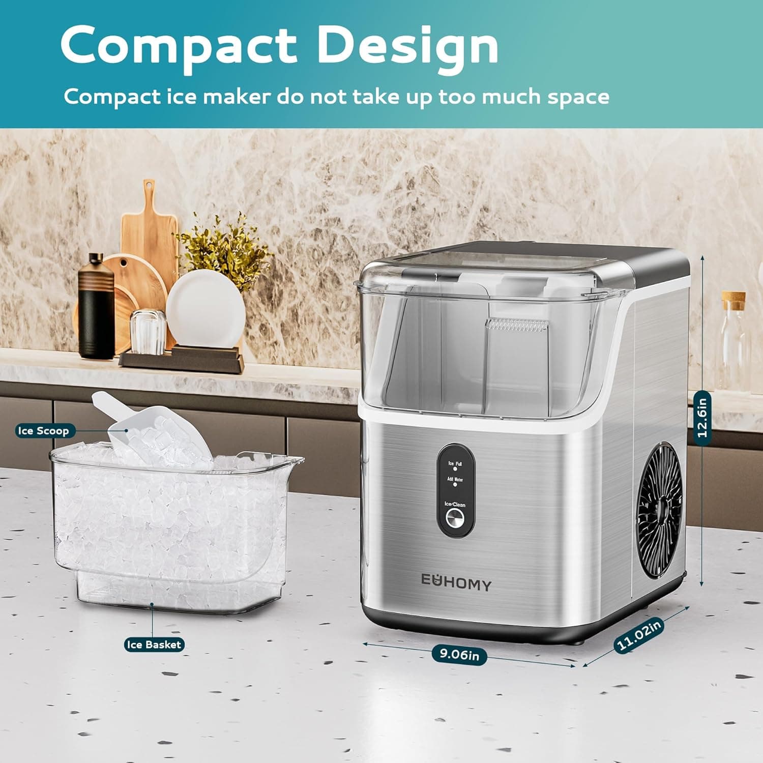 EUHOMY Nugget Ice Makers Countertop, Pebble Ice Maker Machine with 35lbs/24H Soft Ice, Self-Cleaning Sonic Ice Maker with Ice Scoop&Basket, Pellet Ice Maker for Home/Kitchen/Office(Stainless Steels) Ice Machine 35LBS/Day Silver - Image 8