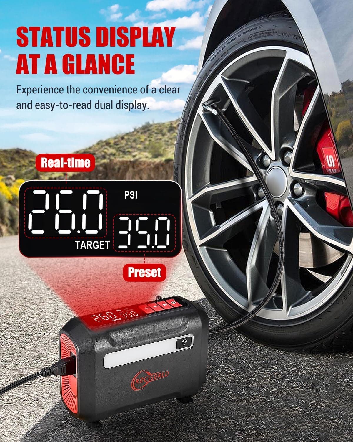 R8 Tire Inflator Portable Air Compressor, DC 12V Air Compressor Portable with Large Dual Digital Screen, 3X Faster Inflation Air Pump for Car, Bike, Ball, Motor Red - Image 4