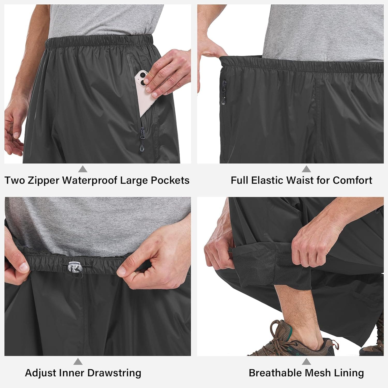 Mens Rain Pants Waterproof Windproof Hiking Outdoor Fishing Golf Cycling Pants Black X-Large - Image 6