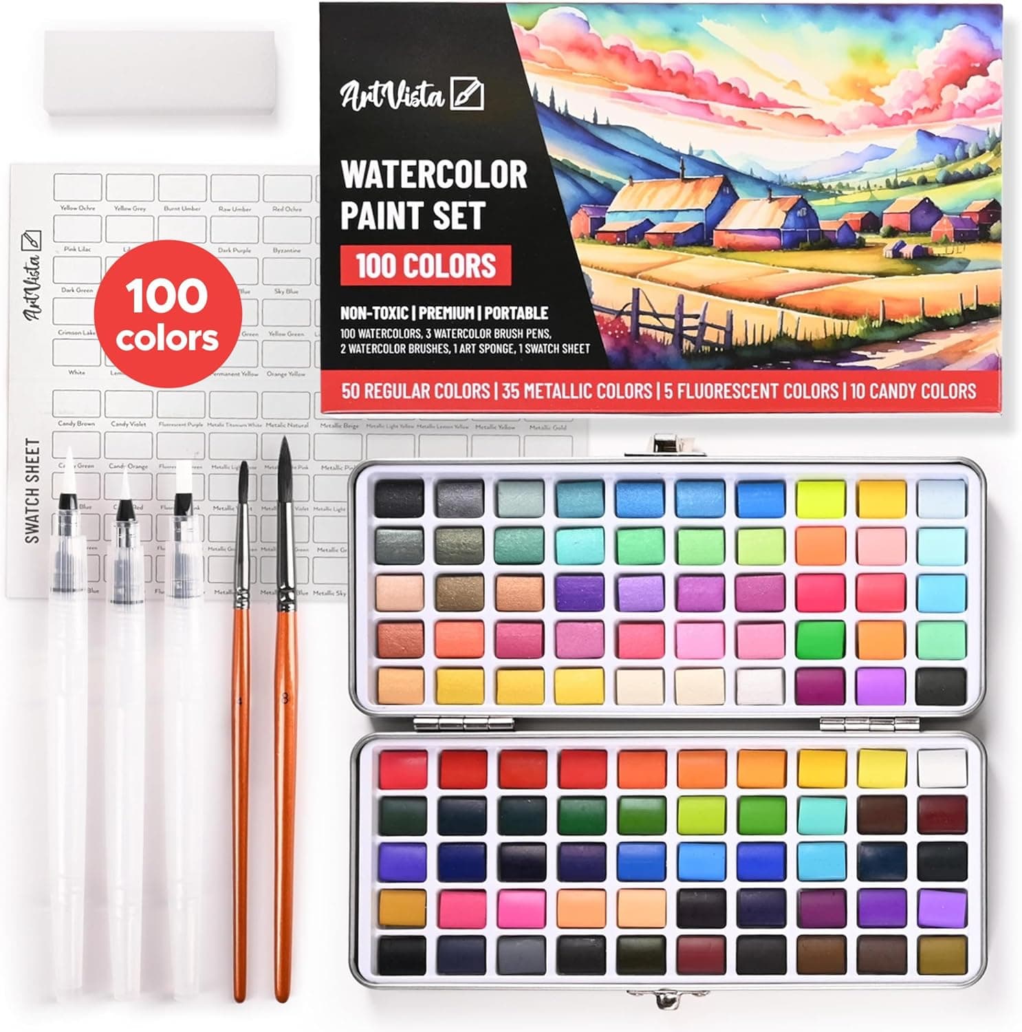 Watercolor Paint Set with 100 Bright Colors: for Adult Beginners & Professional with Metallic - Travel Sized Water Color Art Kit Palette Standard Set - Image 2