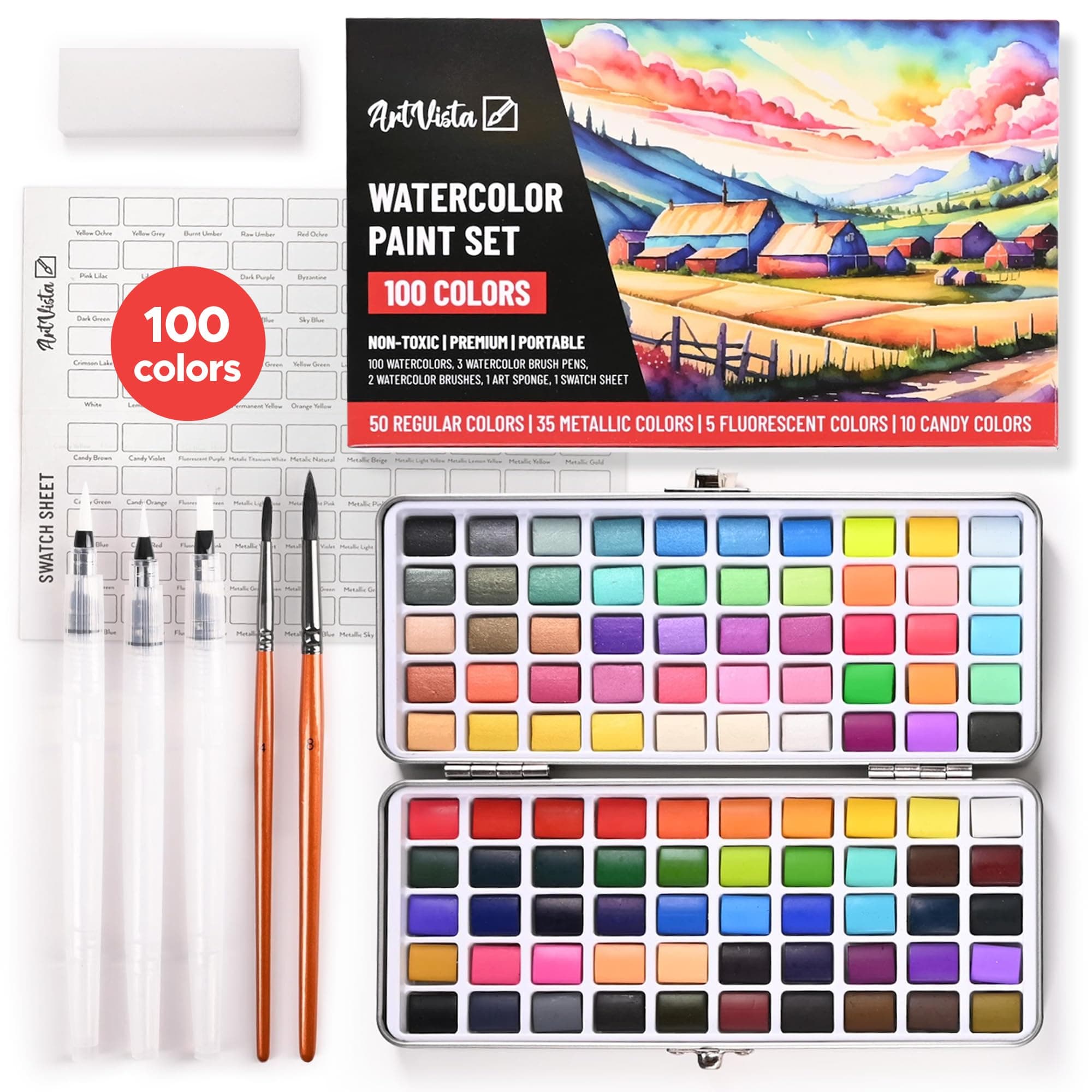 Watercolor Paint Set with 100 Bright Colors: for Adult Beginners & Professional with Metallic - Travel Sized Water Color Art Kit Palette Standard Set