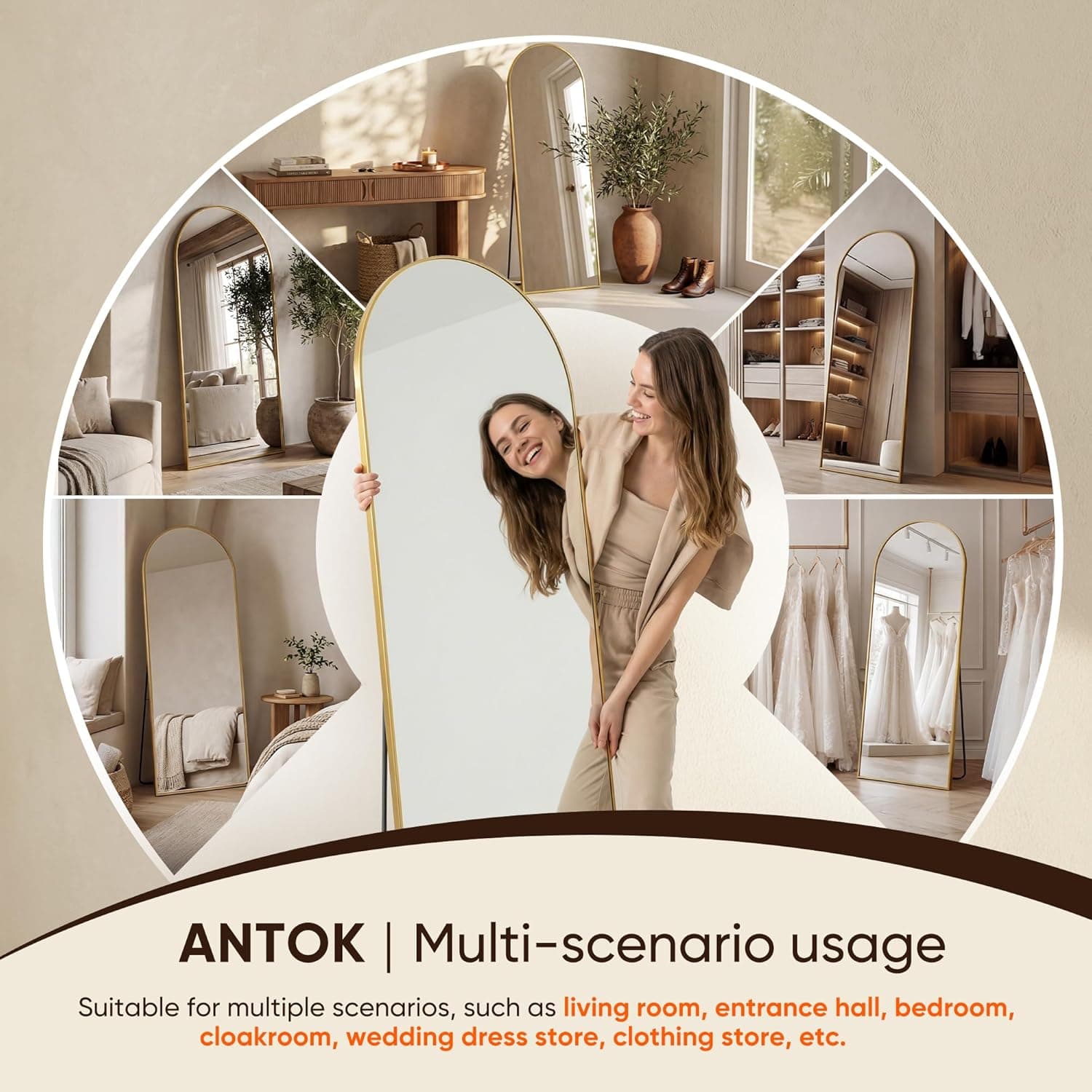 Espejo de cuerpo entero Antok, 58"x19" Espejo de pie, Espejos de cuerpo completo de pie con arco para dormitorio, montado en pared para sala de estar o guardarropa, Dorado 58"L x 19"W - Image 8