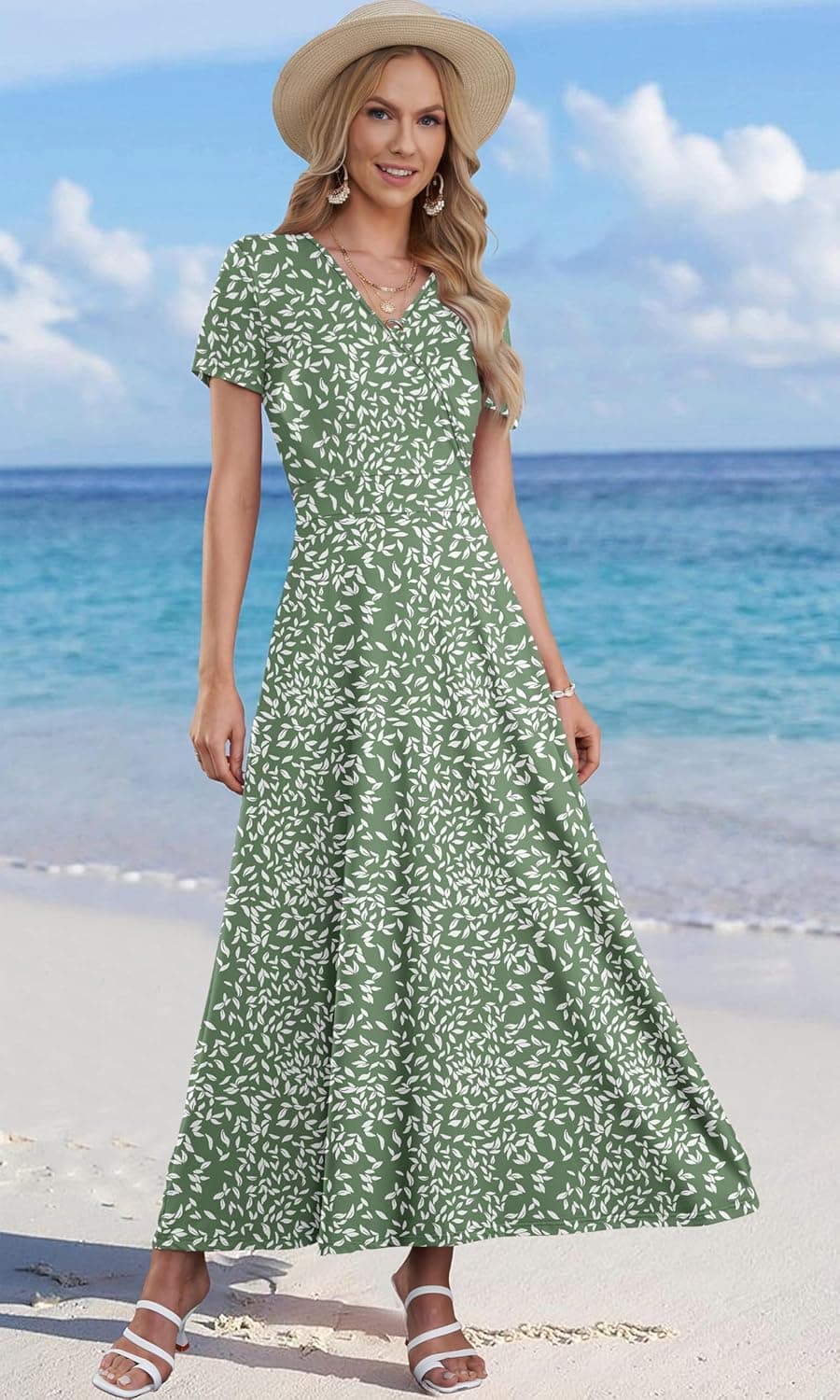 AUSELILY Maxi Dresses for Women Ankle Length Floral Print Beach Long Flowy Dress with Pockets Small Olive-green Leaf - Image 4