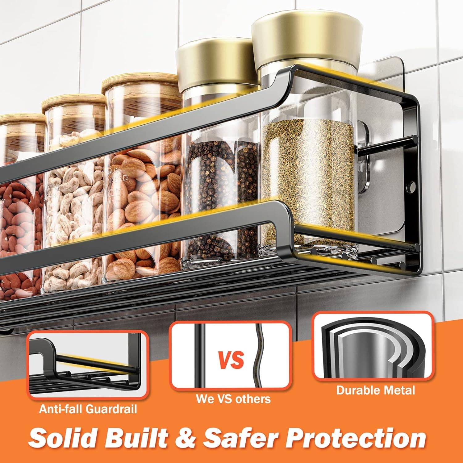 Spice Rack Wall Mounted 4 Pack,Space-Saving Spice Organizer for Spice Jars and Seasonings,Screw or Adhesive Hanging Spice Rack Organizer for Your Kitchen Cabinet,Pantry Door,11.41x2.75x2.75in 4Pack Black - Image 5