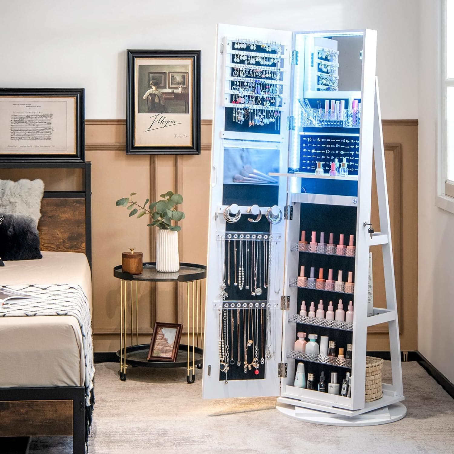 CHARMAID 360° Rotating Jewelry Armoire with LED Lighted Full Length Mirror & Built-in Vanity Mirror, Lockable Standing Jewelry Cabinet with Lights, Large Storage Organizer for Jewelry (White) White 63"H with LED Mirror - Image 3