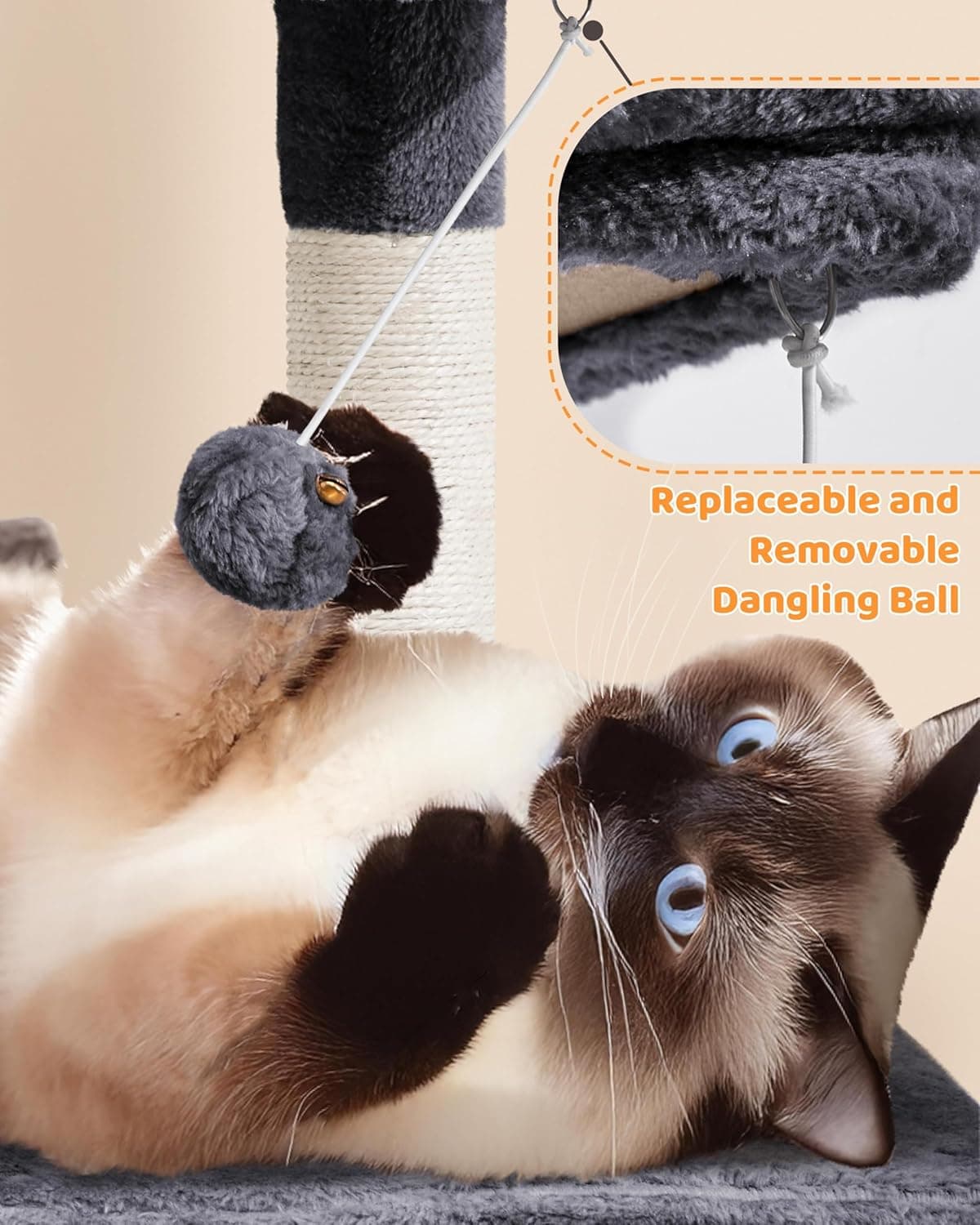 Yaheetech Large Multi-Level Cat Tree, 63 Inches Tall with Sisal-Covered Scratching Posts, Condo, Hammock, Dangling Ball, and Extended Platform for Cats to Play and Sleep Dark Gray 63in - Image 9