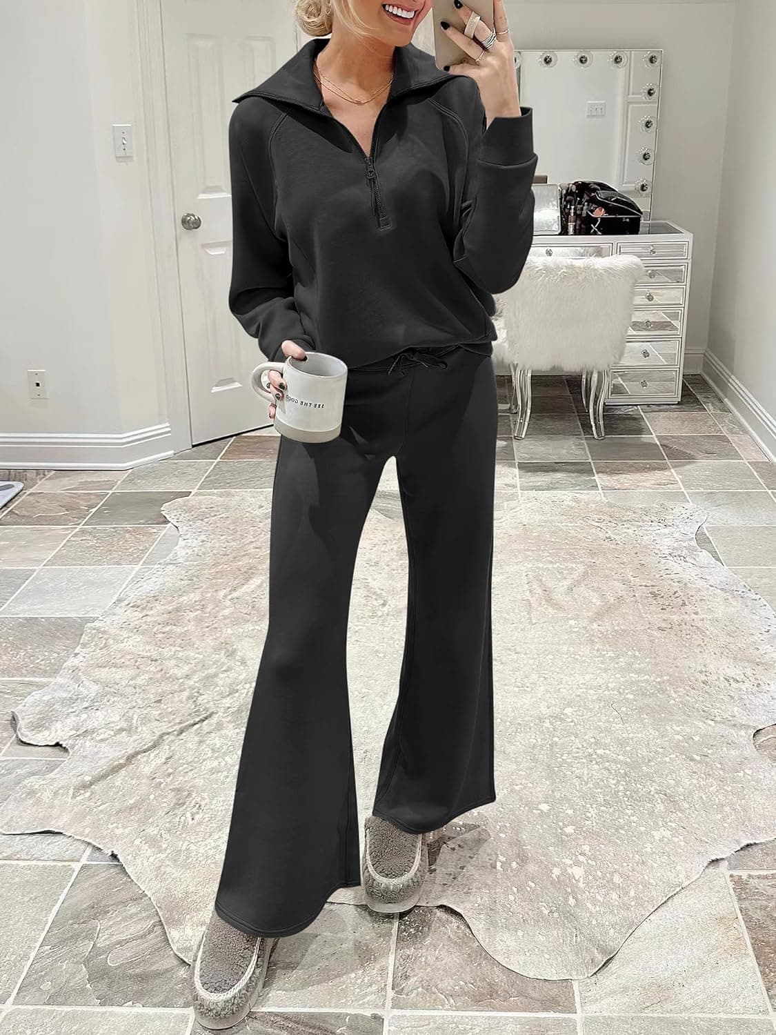ANRABESS Women 2 Piece Outfits 2025 Fall Fashion Airport Wide Leg Pants Lounge Set Leisure Travel Vacation Clothes Sweatsuits Black Medium - Image 10