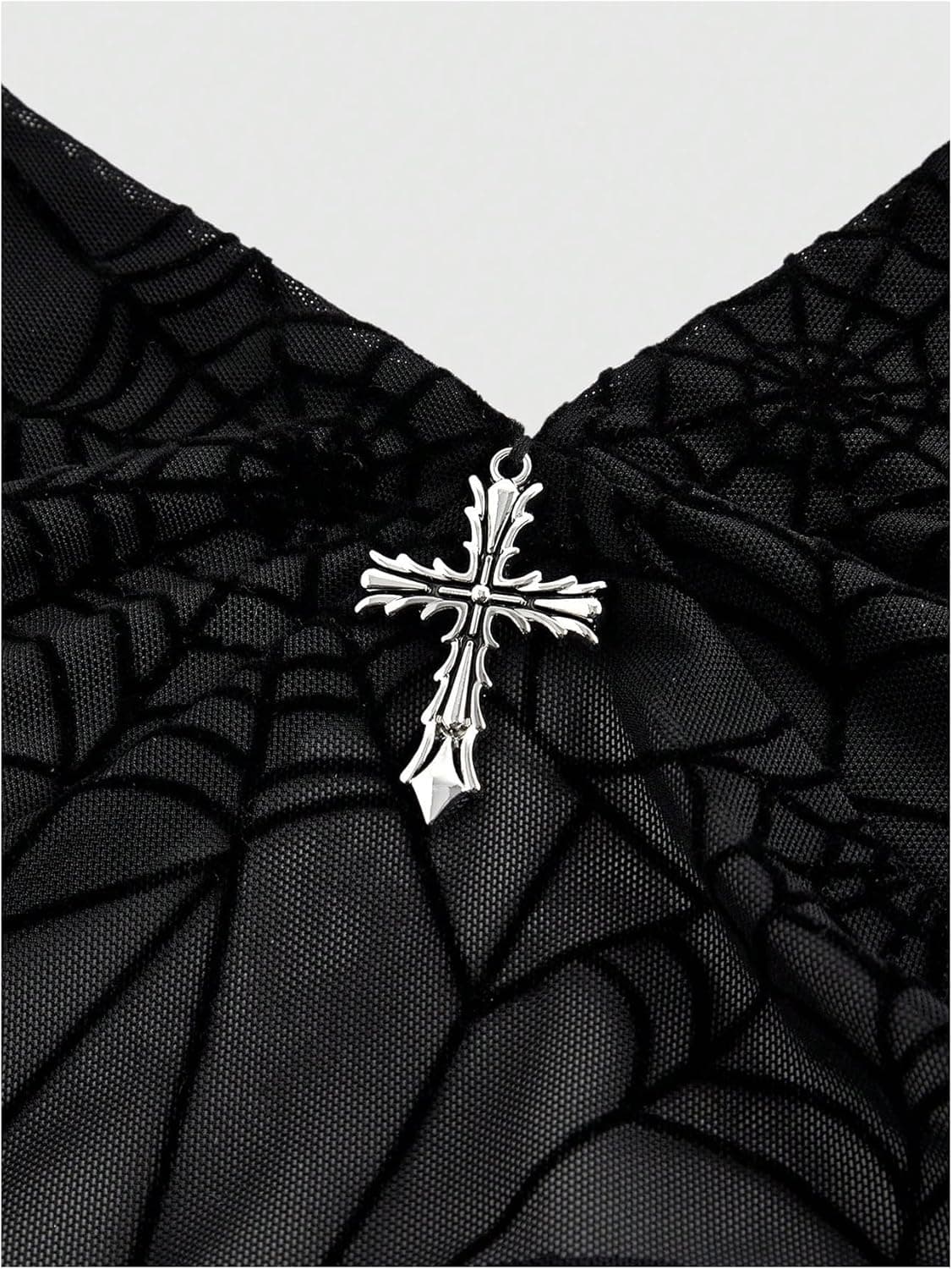 Verdusa Women's Y2k Gothic Goth Halter Top Mesh Sheer Backless Crop Tops Emo Grunge Witchy Clothes Halloween Costumes Large Black - Image 4