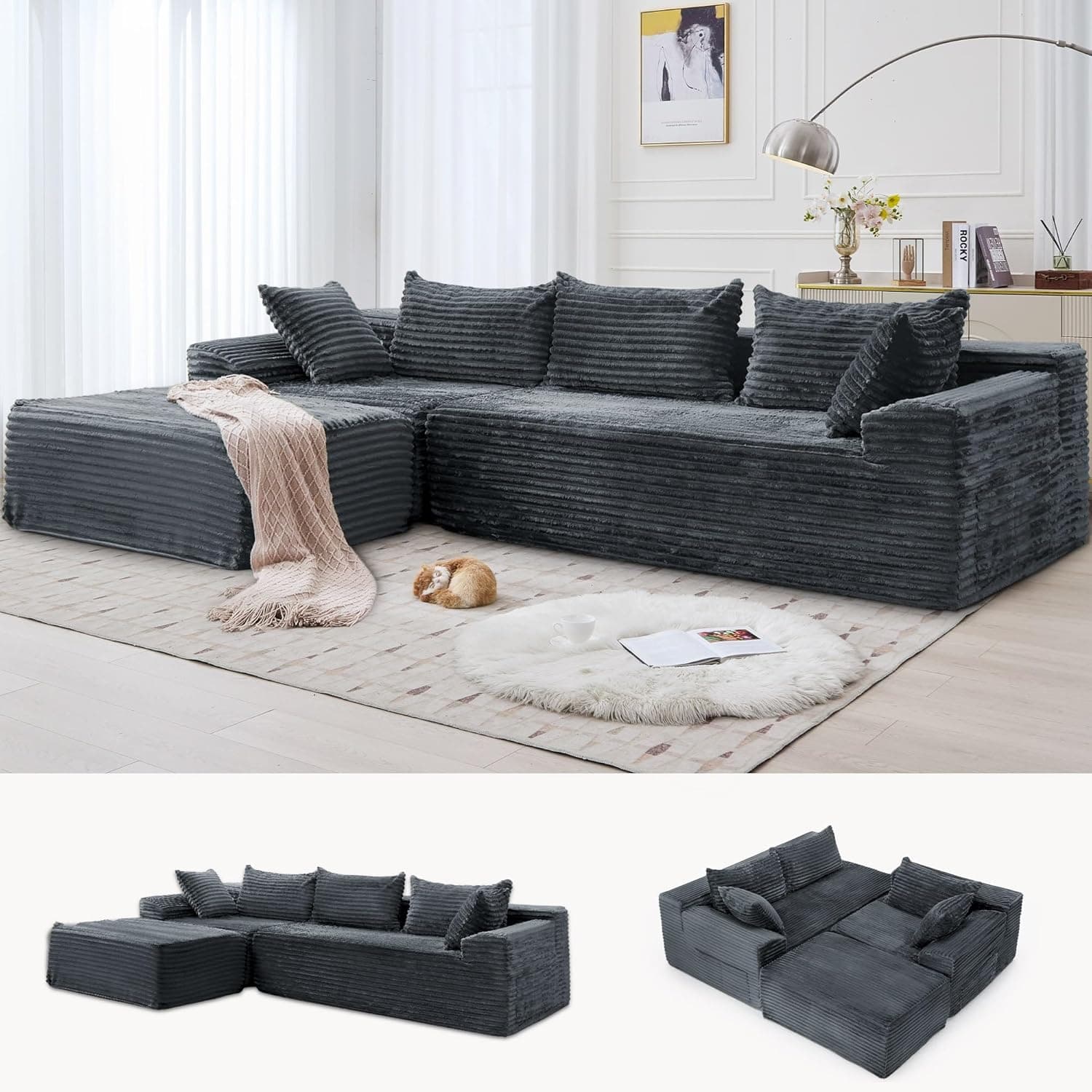 108" Sectional Couches for Living Room, Modular Sectional Sofa with L-Shape Chaise, Cloud Couch, Comfy Corduroy Fluffy Couch with Deep Seat and Side Pockets, No Assembly Required Charcoal Grey - Image 2