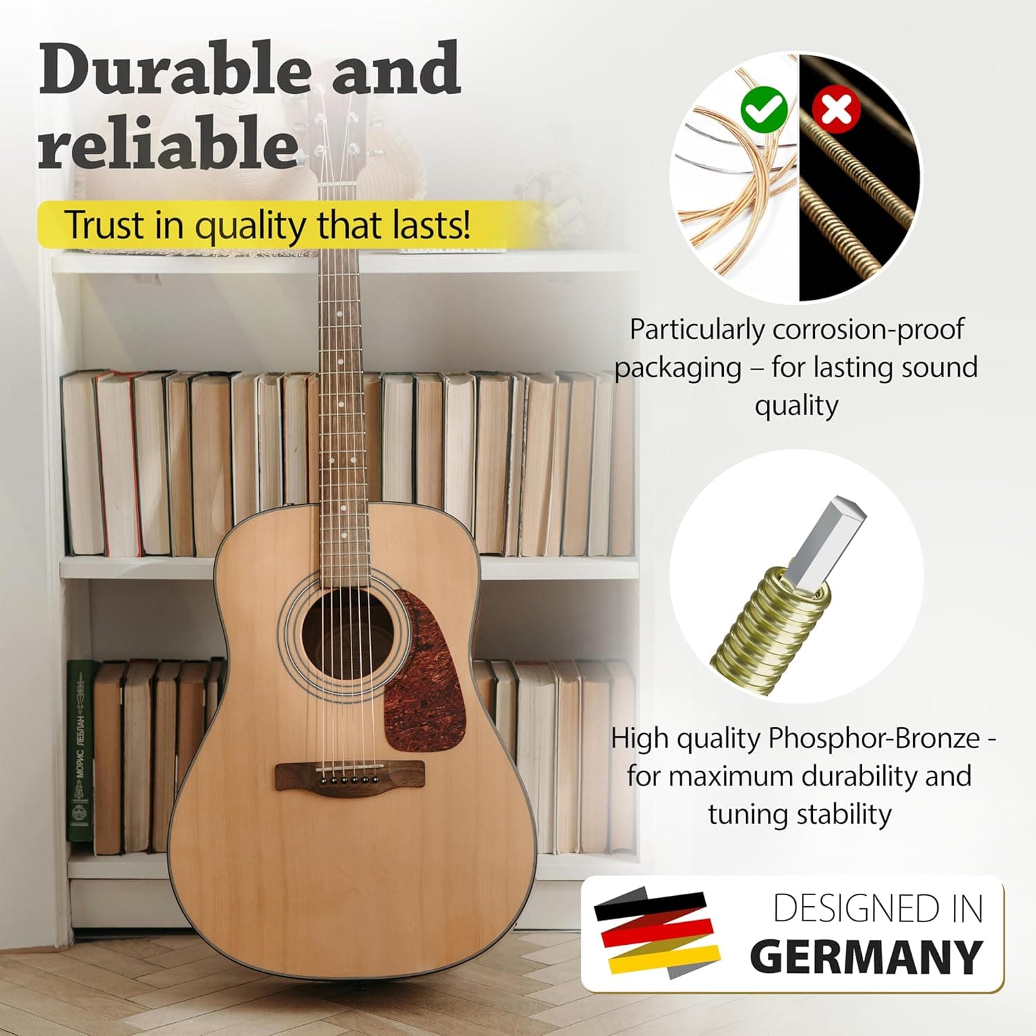 BELFORT® quality acoustic guitar strings - 6 string set - Premium coating with Phosphor Bronze (guitar strings acoustic 6 string set) BONUS: 4 Picks + 1 High E String - cuerdas para guitarra acustica 1 set – 6 strings + extra 1st E (.011/.052) Phosphor Bronze - Image 4