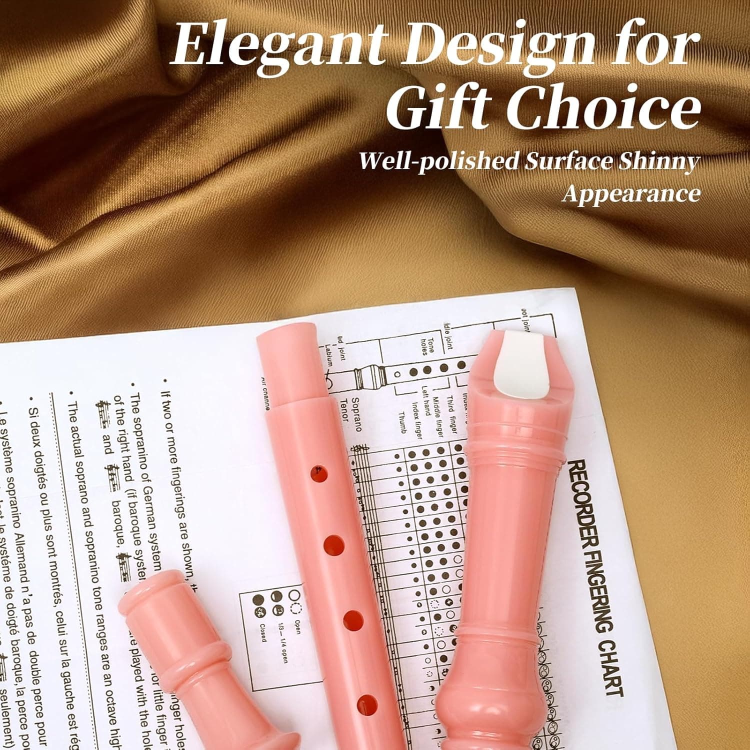 Soprano Recorder for Kids Beginners, German Fingering, C Key, 3 Piece with Cleaning Rod, Bag, Fingering Chart (Pink)… Peony Pink - Image 4