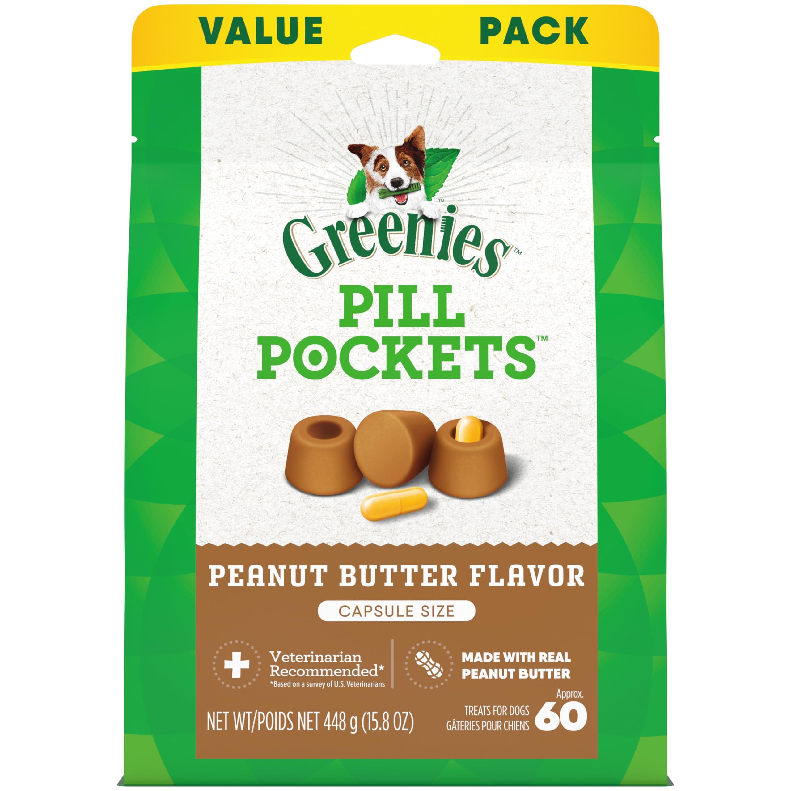 Greenies Pill Pockets for Dogs Large Size, Soft Dog Treats, with Real Peanut Butter, 15.8 oz. Pouch (60 Treats) Peanut Butter 60 Count (Pack of 1)