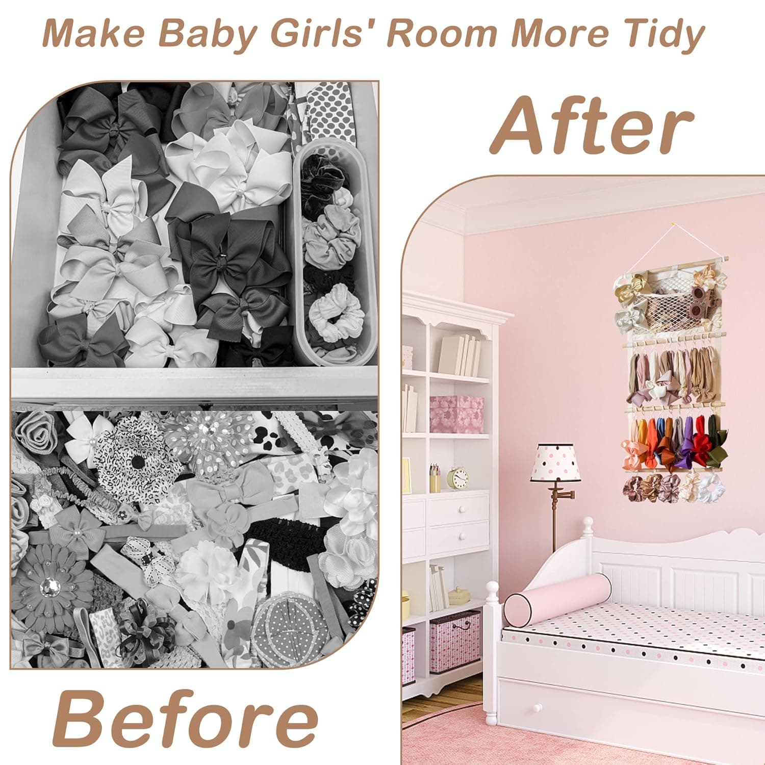 kangaroo Headband Holder Hair Bows Organizer for Baby Girls Large Capacity Bow Holder Hair Accessories Wall Hanging Organizer for Toddler Baby Girl Nursery Room Decor Beige - Image 4