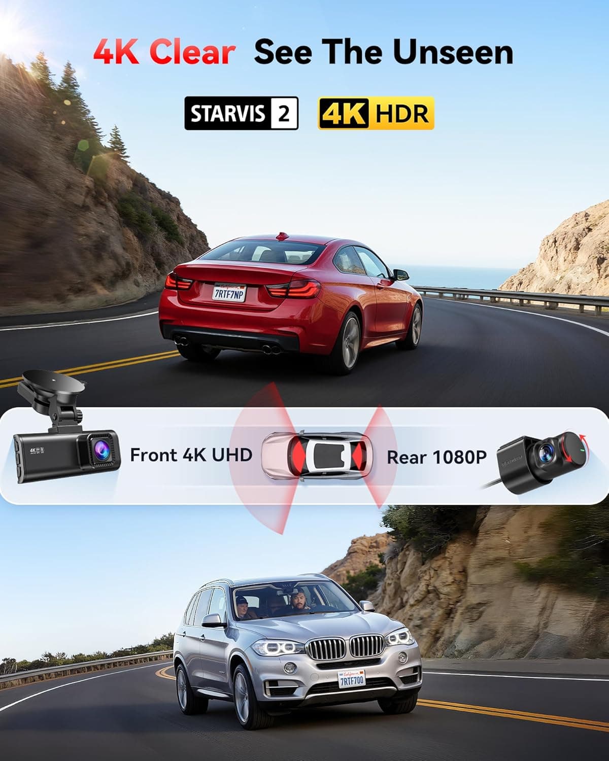 REDTIGER 4K Dash Cam Front Rear, STARVIS 2 Sensor, Free Card Included, 5.8GHz WiFi-20MB/s Fast Download, Dash Camera for Cars with GPS, WDR Night Vision, 170°Wide Angle, 24H Parking Mode(F7NP) - Image 3