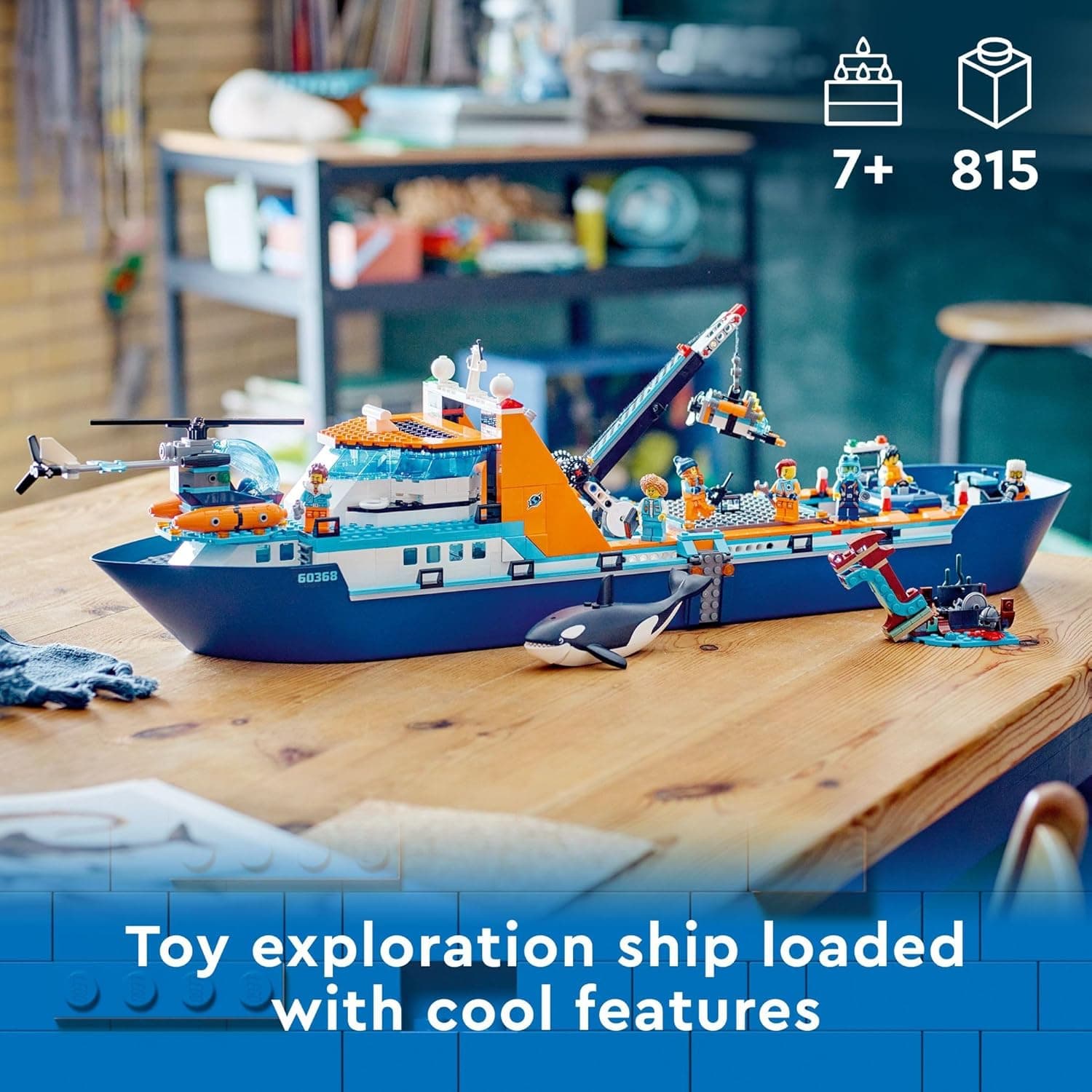 LEGO City Arctic Explorer Ship 60368 Ensemble de Jouets de Construction, Cadeau Amusant pour les Garçons et Filles de 7 Ans, avec un Bateau Flottant, Hélicoptère, Canot, Sous-marin ROV, Épave Viking, 7 Minifigurines et un Orca - Image 3