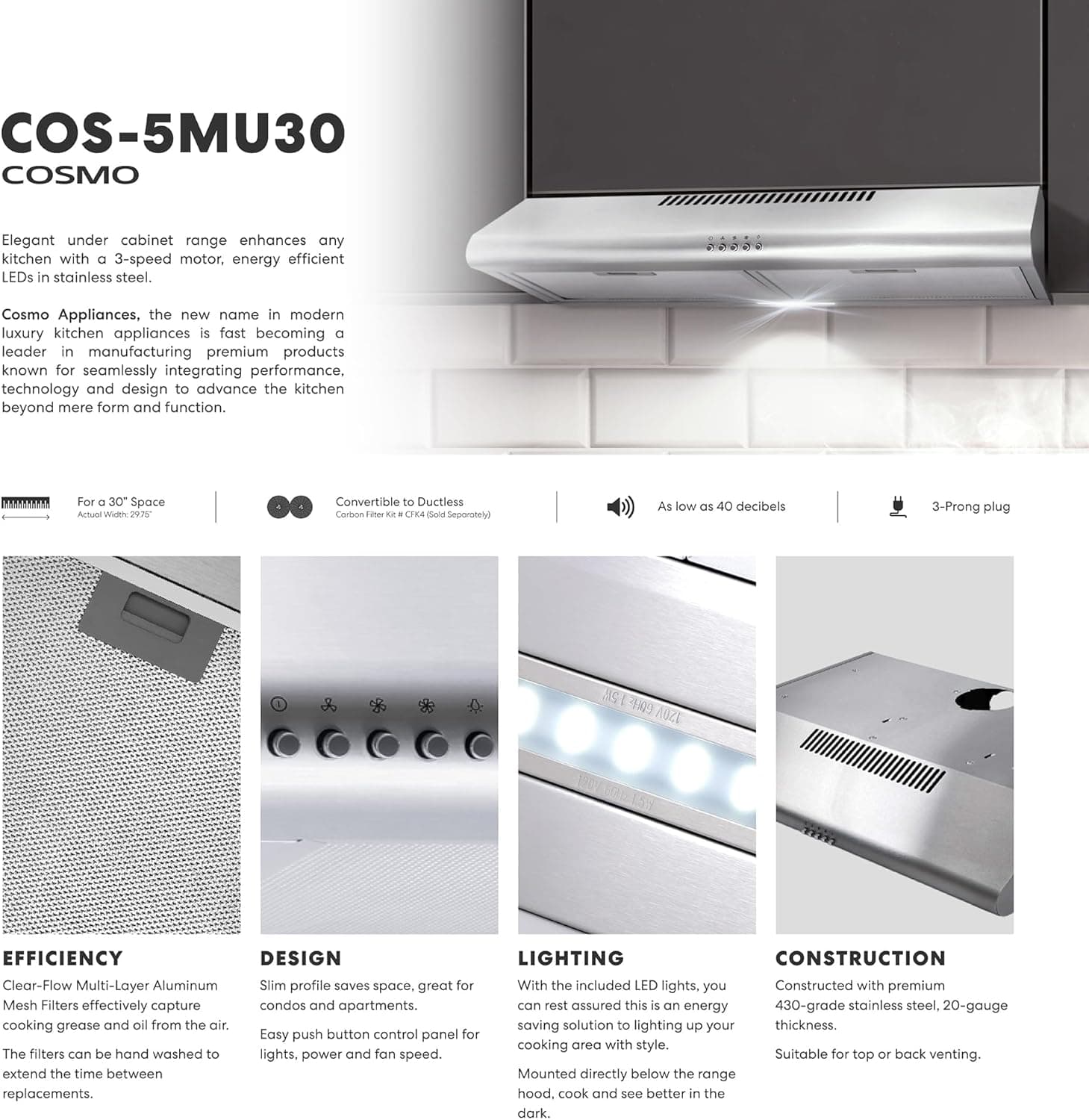 COSMO COS-5MU30 30 in. Delta Collection Ducted Under Cabinet Range Hood, Button Controls, Reusable Filters, LED Lights, Stainless Steel Stainless Steel 30 inch - Image 4