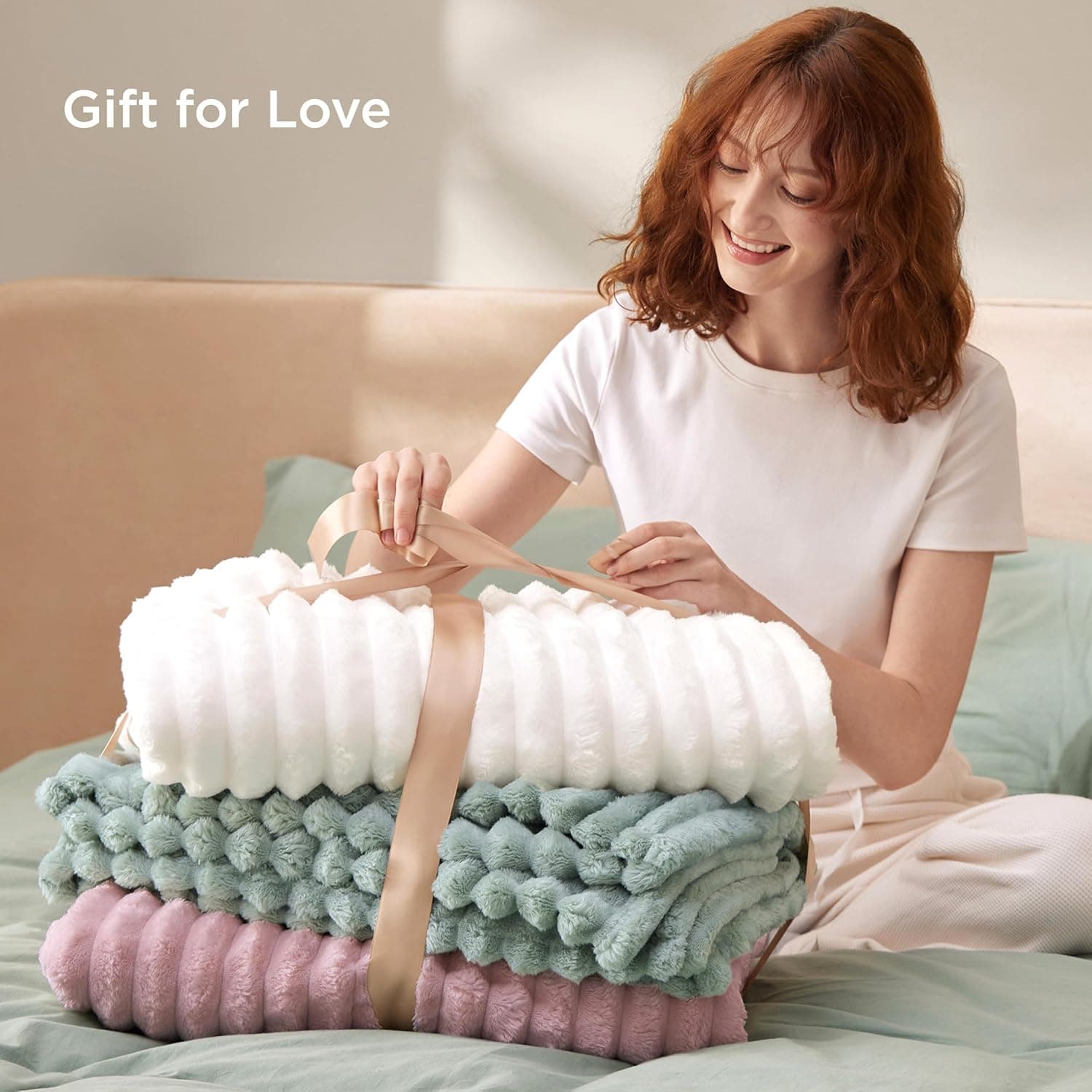 Bedsure GentleSoft Blankets Queen Size for Bed - Cozy Soft Sofa Couch Cover Blankets for Women, Cute Large Bedding Fleece Throws for Girls, Off White, 90x90 Inches Off White Queen (90" x 90") - Image 7