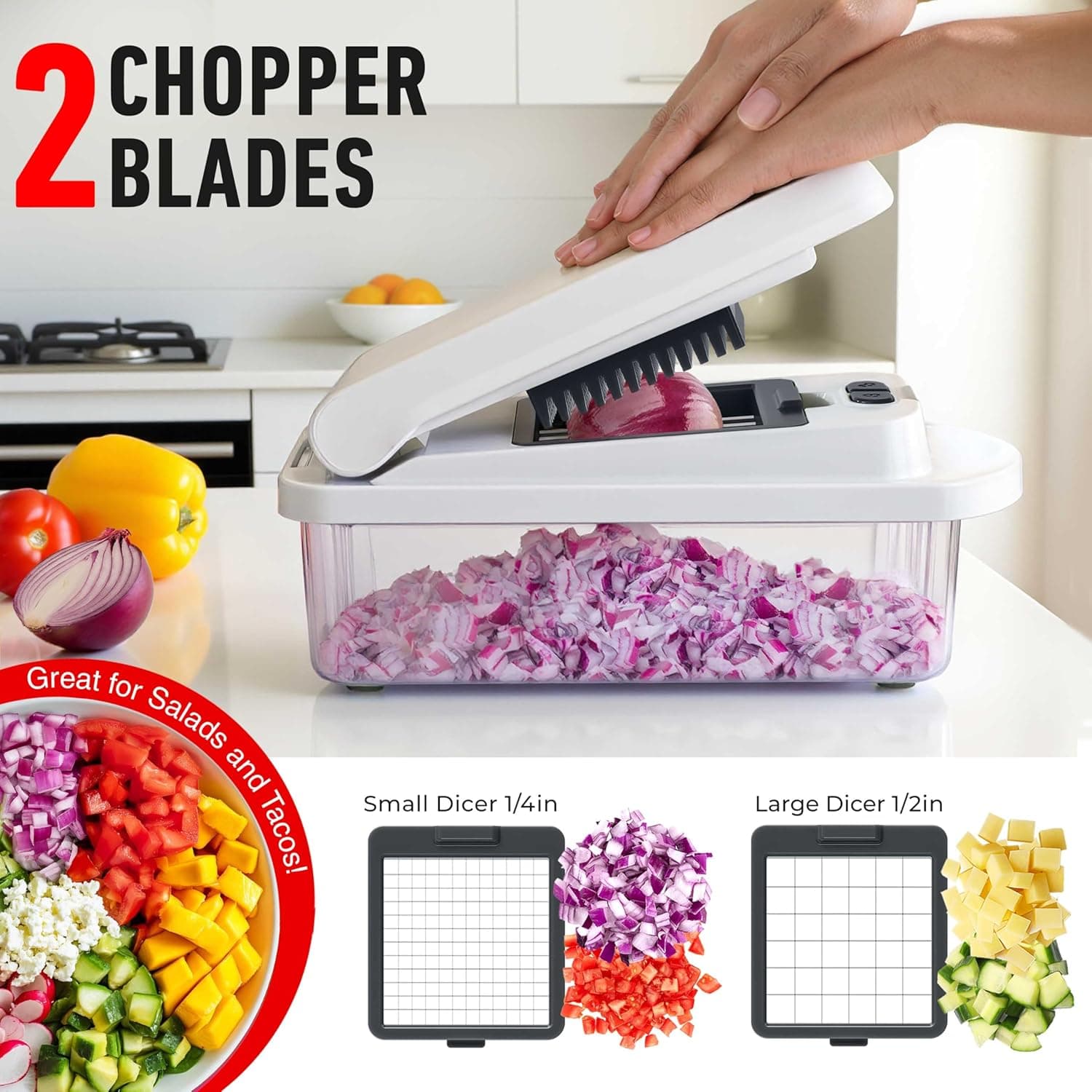 Mueller The Real Original Pro Chopper since 2013 Vegetable Chopper Mandoline Slicer, 8 Blade Food Veggie Chopper Onion Vegetable Cutter with Container, Kitchen Gadgets & Essentials, (10 in 1) 8 Blade White Sand/Gray - Image 5