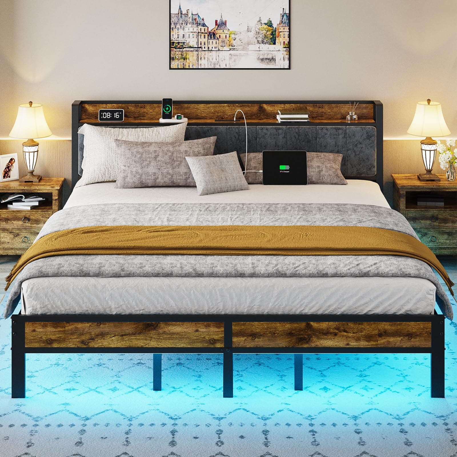 King Size Bed Frame with Smart LED Lights, Storage Headboard with USB Charging Station, Metal Platform Bed Noise Free, Easy Assembly, No Box Spring Needed King (U.S. Standard)