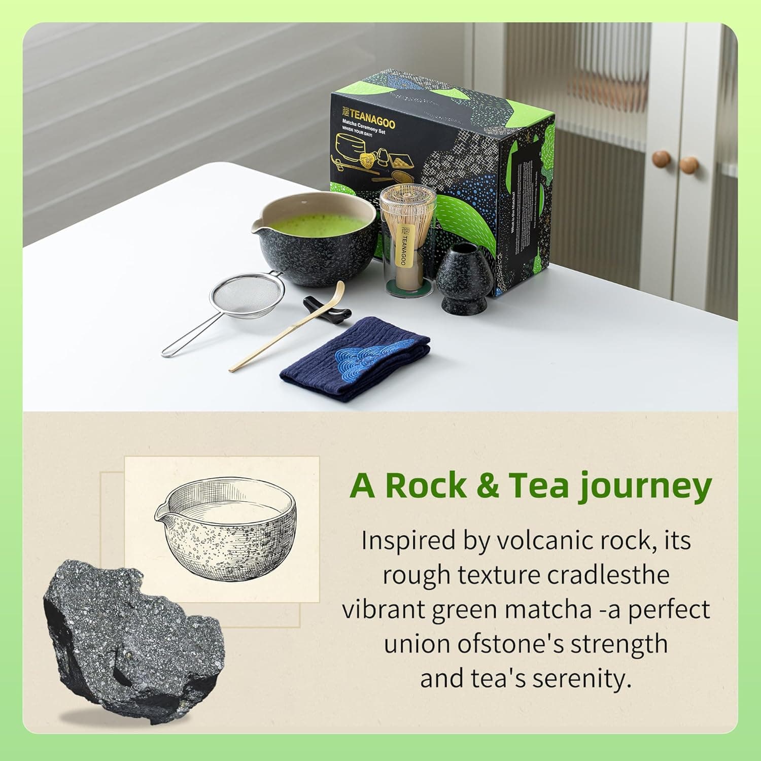 TEANAGOO Matcha Whisk Set Black,7 Pcs Matcha Set,Matcha Kit for Ceremony,Tradition Tea Set for Making Breakfast/Latte,Matcha Whisk Set with Bowl(Chawan)/Whisk and Holder,Gift for Family/Friend Charcoal Black 1 7pcs/set, Bowl with pouring spout - Image 2